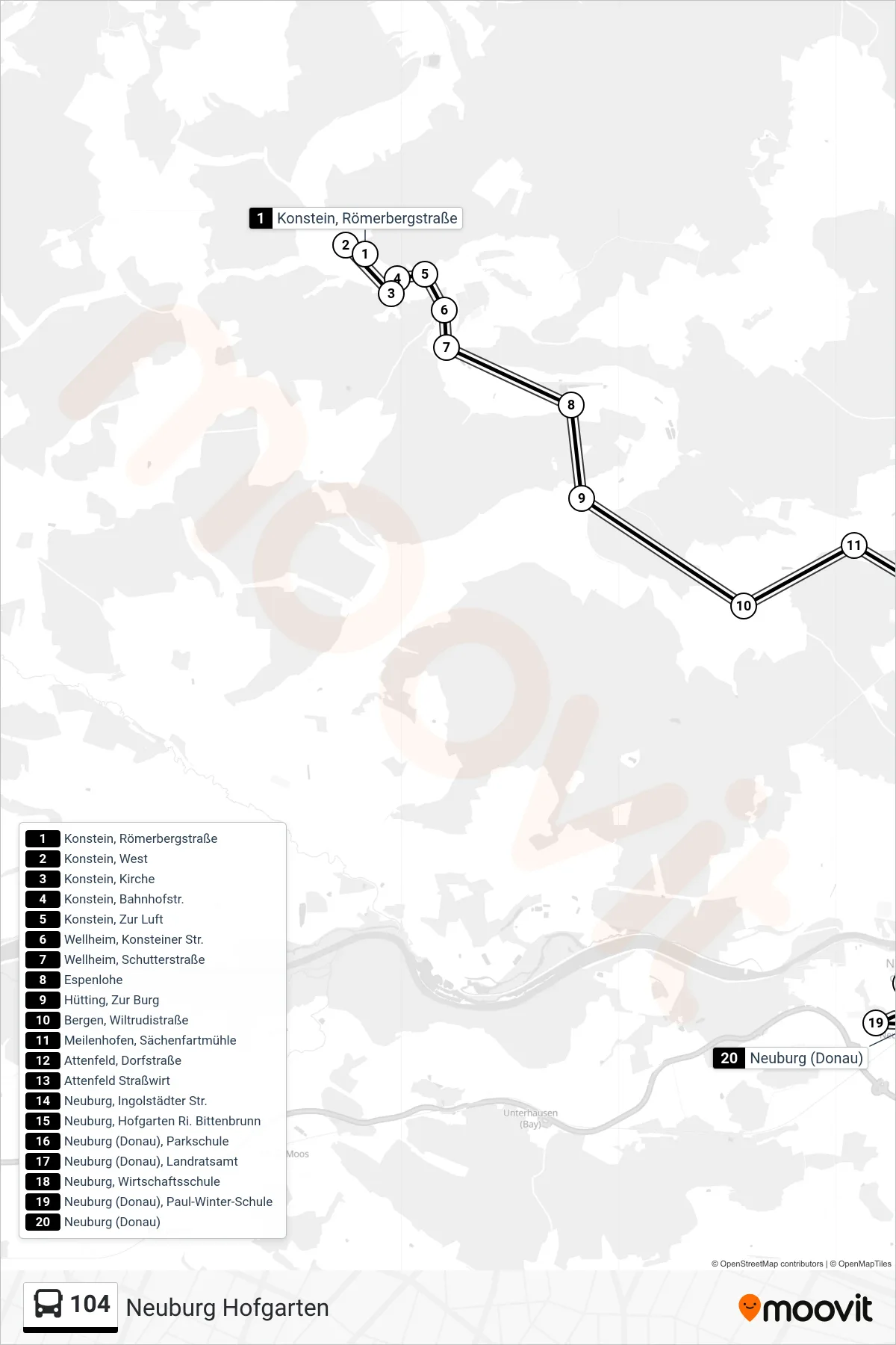 104 bus Line (Neuburg Hofgarten) route and stops on a map