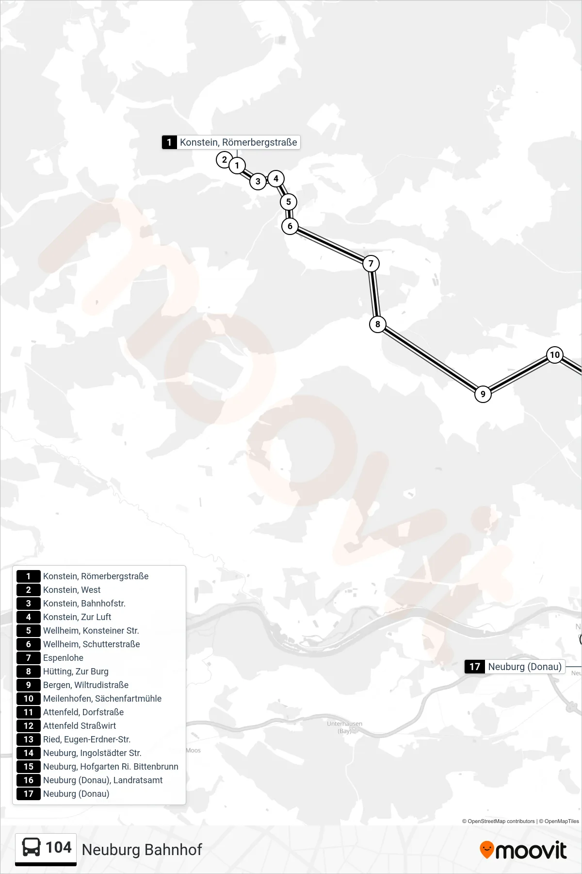 Linie 104 (Bus) Richtung Neuburg Bahnhof: Route und Haltestellen auf der Karte