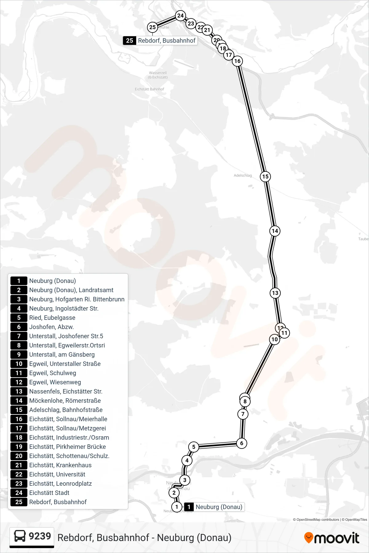9239 bus Line (Eichstätt Rebdorf) route and stops on a map