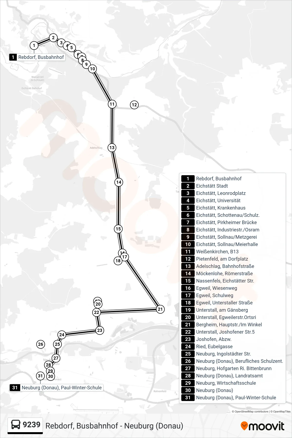 Linie 9239 (Bus) Richtung Neuburg Ü. Nassenfels: Route und Haltestellen auf der Karte
