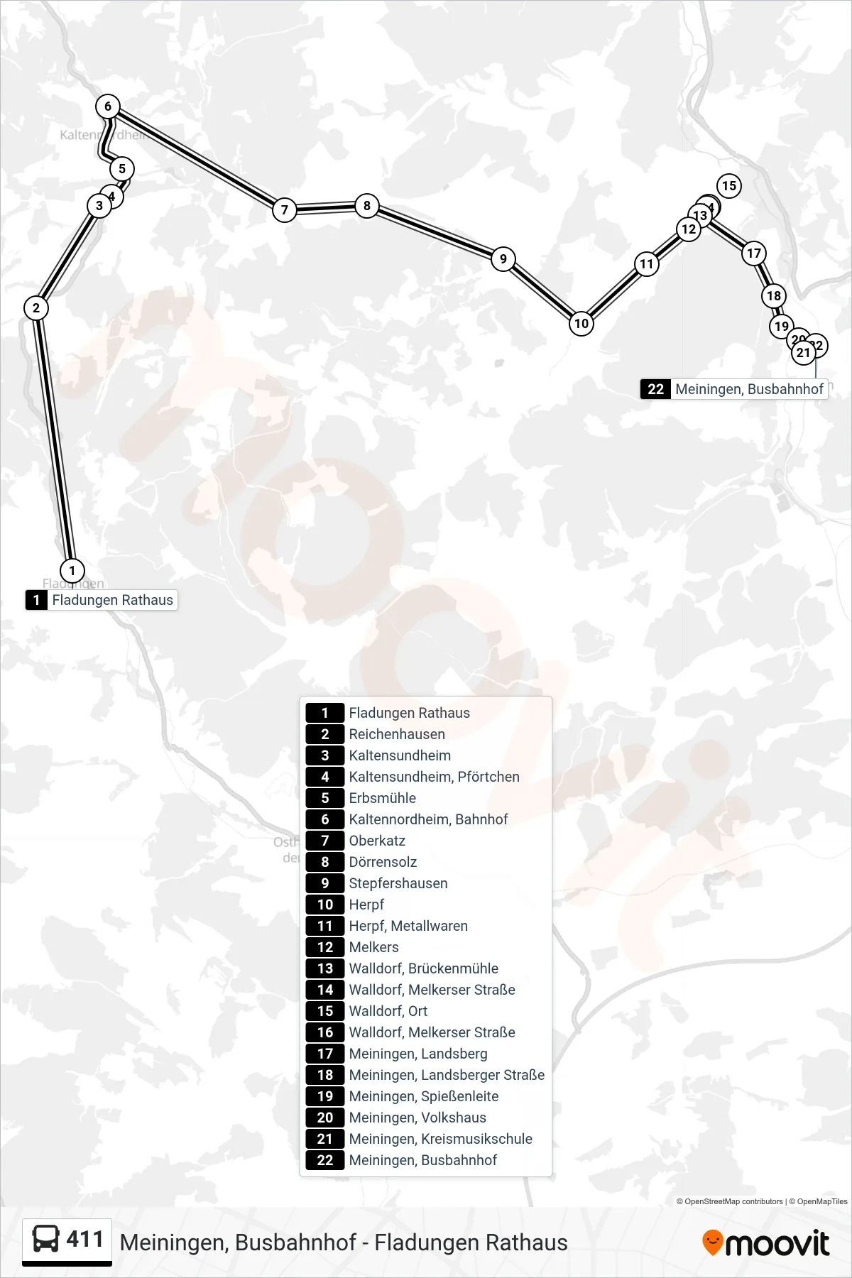 Linie 411 (Bus) Richtung Meiningen, Busbahnhof: Route und Haltestellen auf der Karte