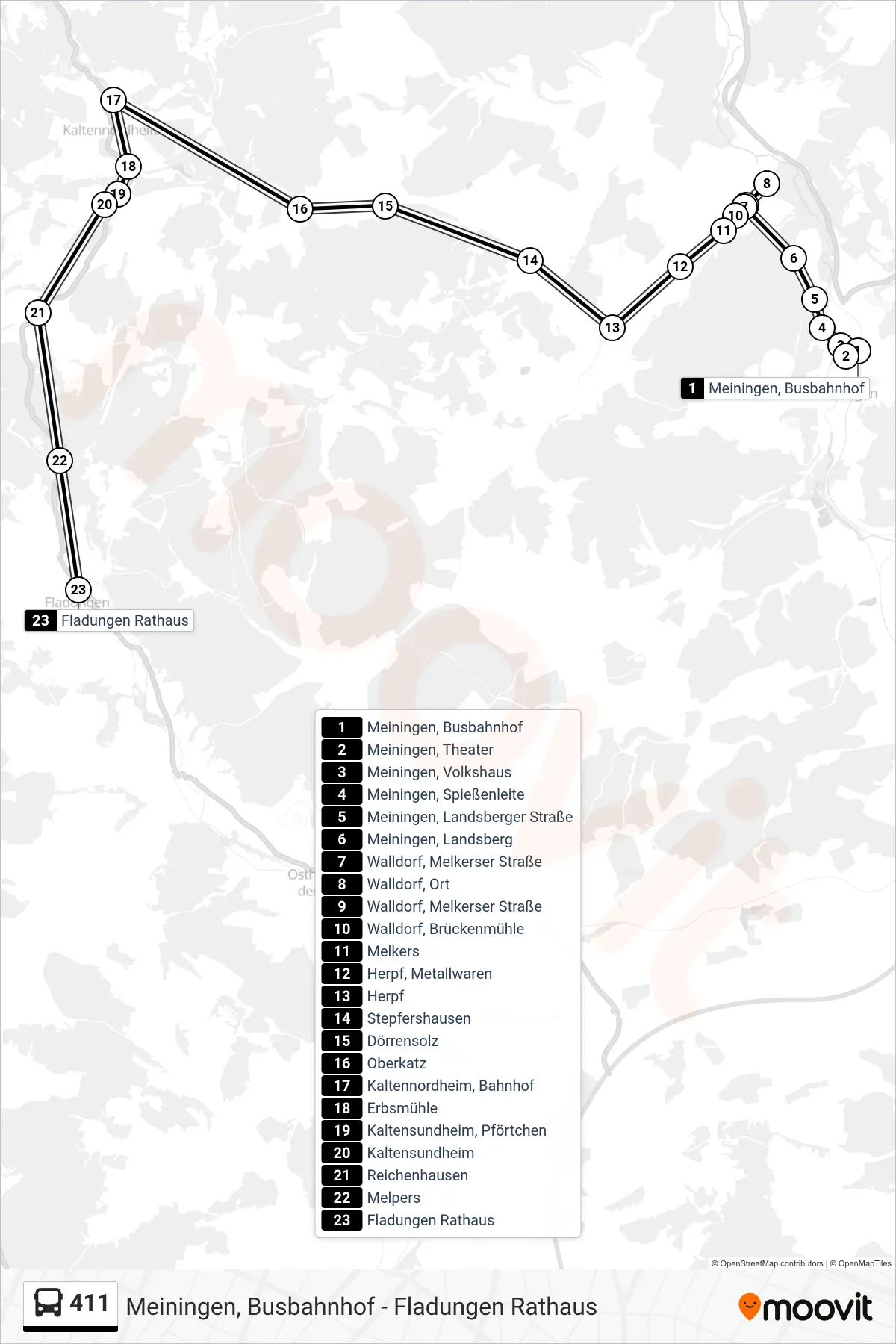 Linie 411 (Bus) Richtung Fladungen Rathaus: Route und Haltestellen auf der Karte