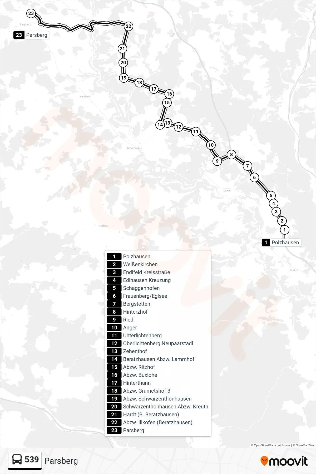 539 bus Line (Parsberg) route and stops on a map
