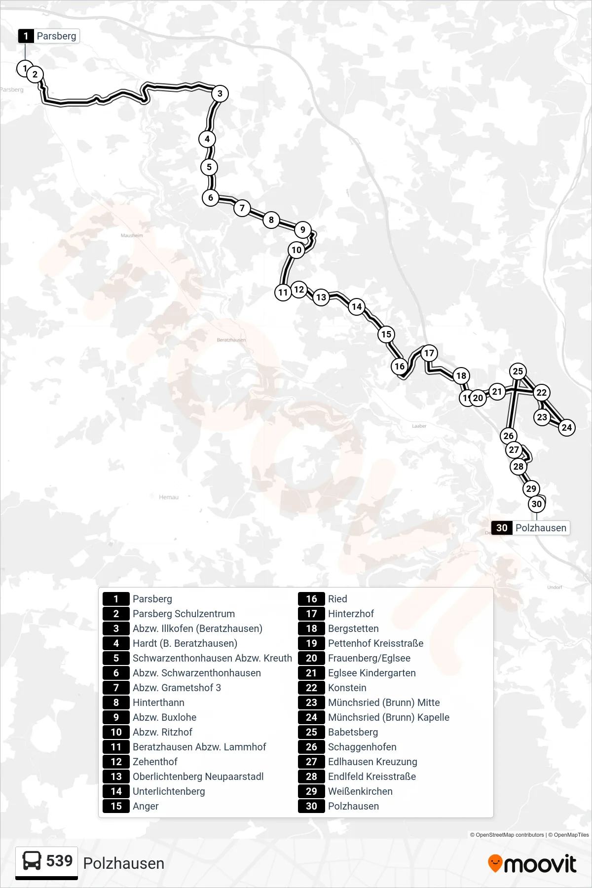 Linie 539 (Bus) Richtung Polzhausen: Route und Haltestellen auf der Karte