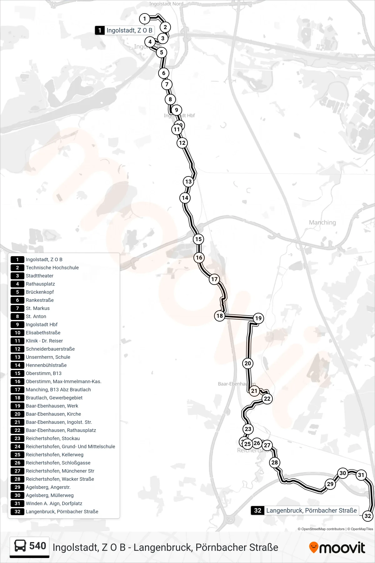 Linie 540 (Bus) Richtung Reichertshofen: Route und Haltestellen auf der Karte