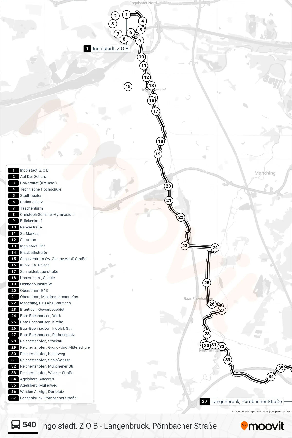 540 bus Line (Baar-Ebenhausen Langenbruck) route and stops on a map