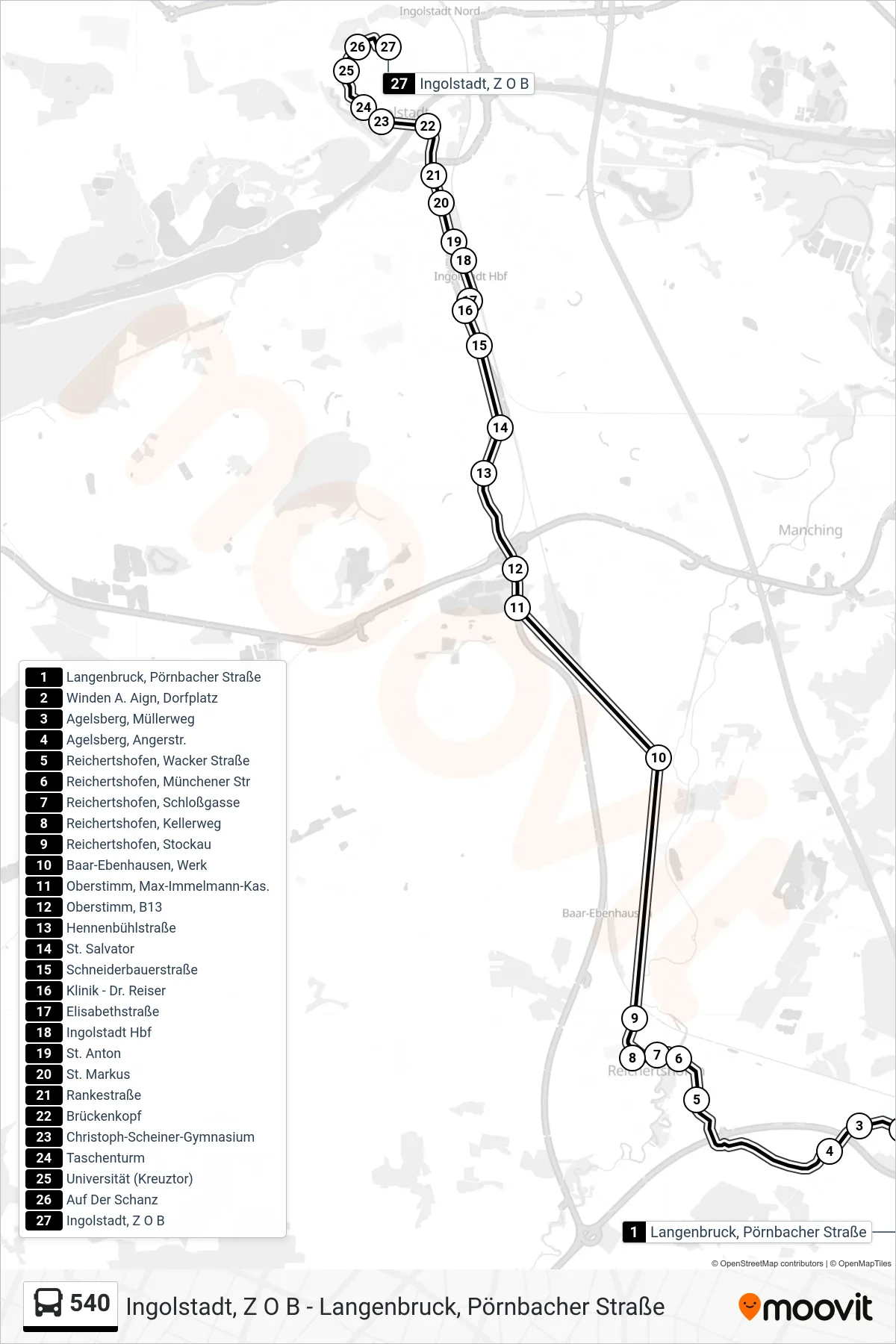 Linie 540 (Bus) Richtung Z O B Via C S G: Route und Haltestellen auf der Karte