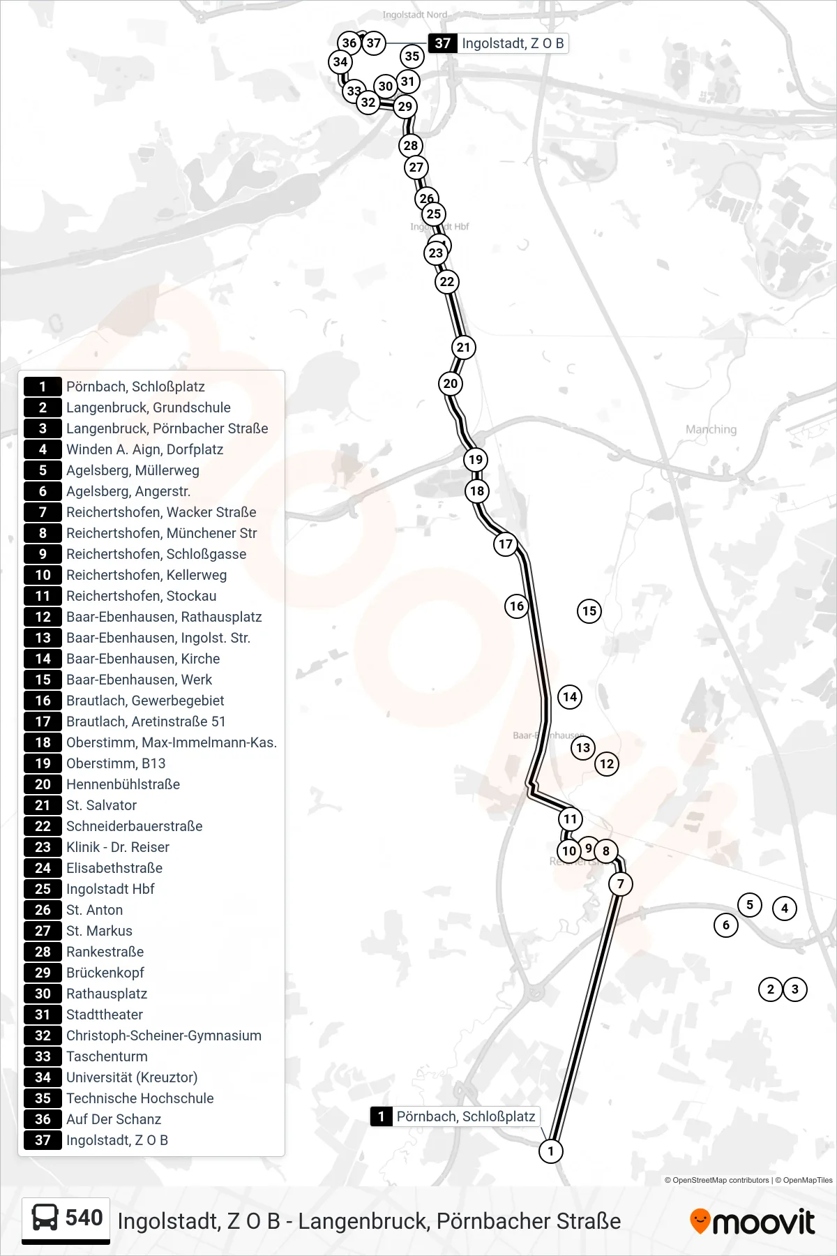 540 bus Line (Z O B) route and stops on a map