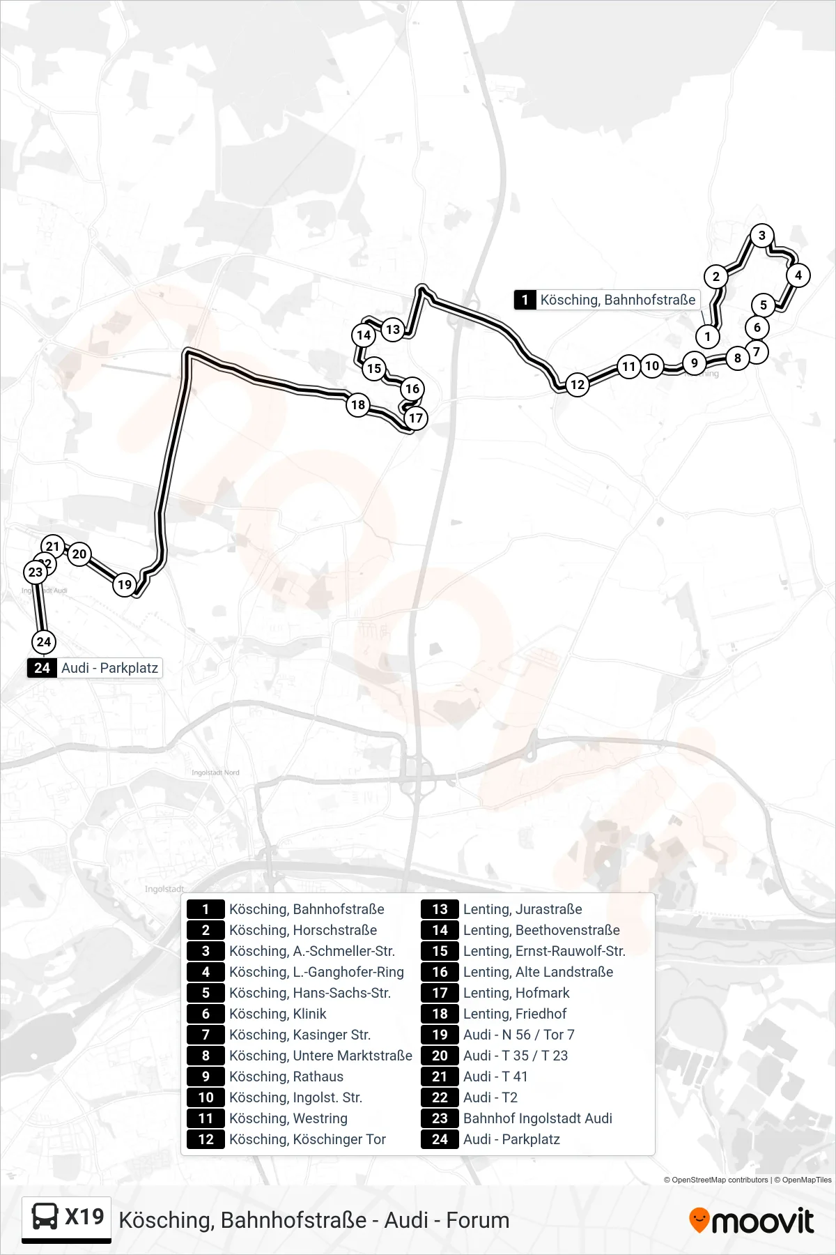 X19 bus Line (Audi Parkplatz) route and stops on a map