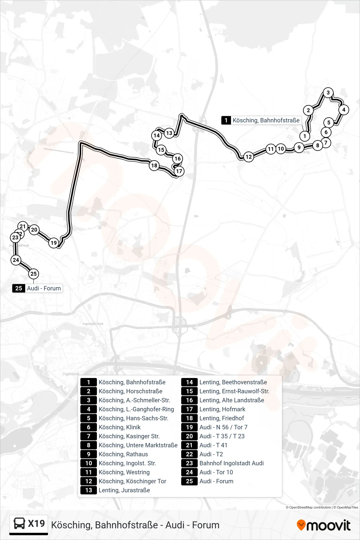 X19 bus Line (Audi) route and stops on a map