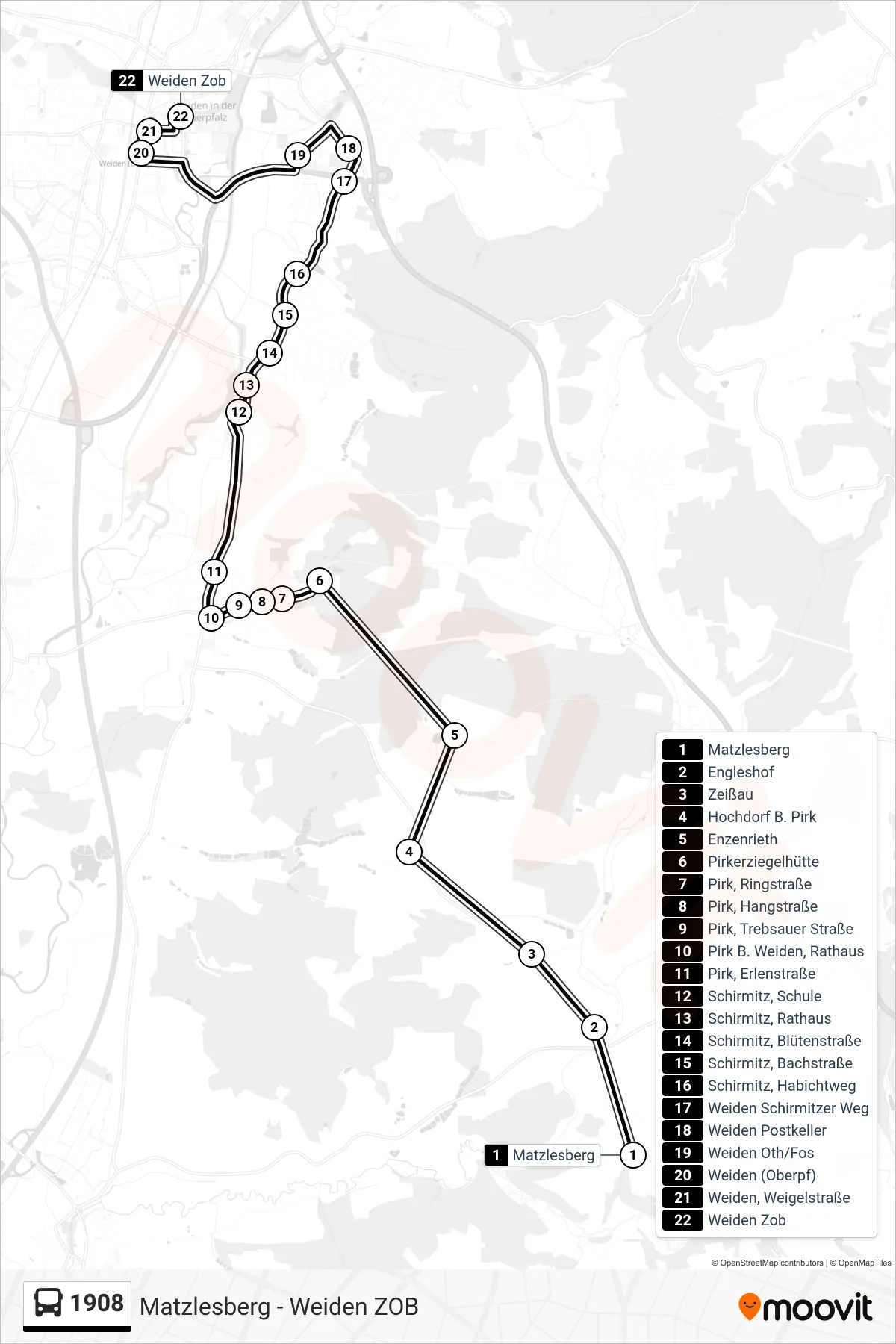 Linie 1908 (Bus) Richtung Z O B: Route und Haltestellen auf der Karte
