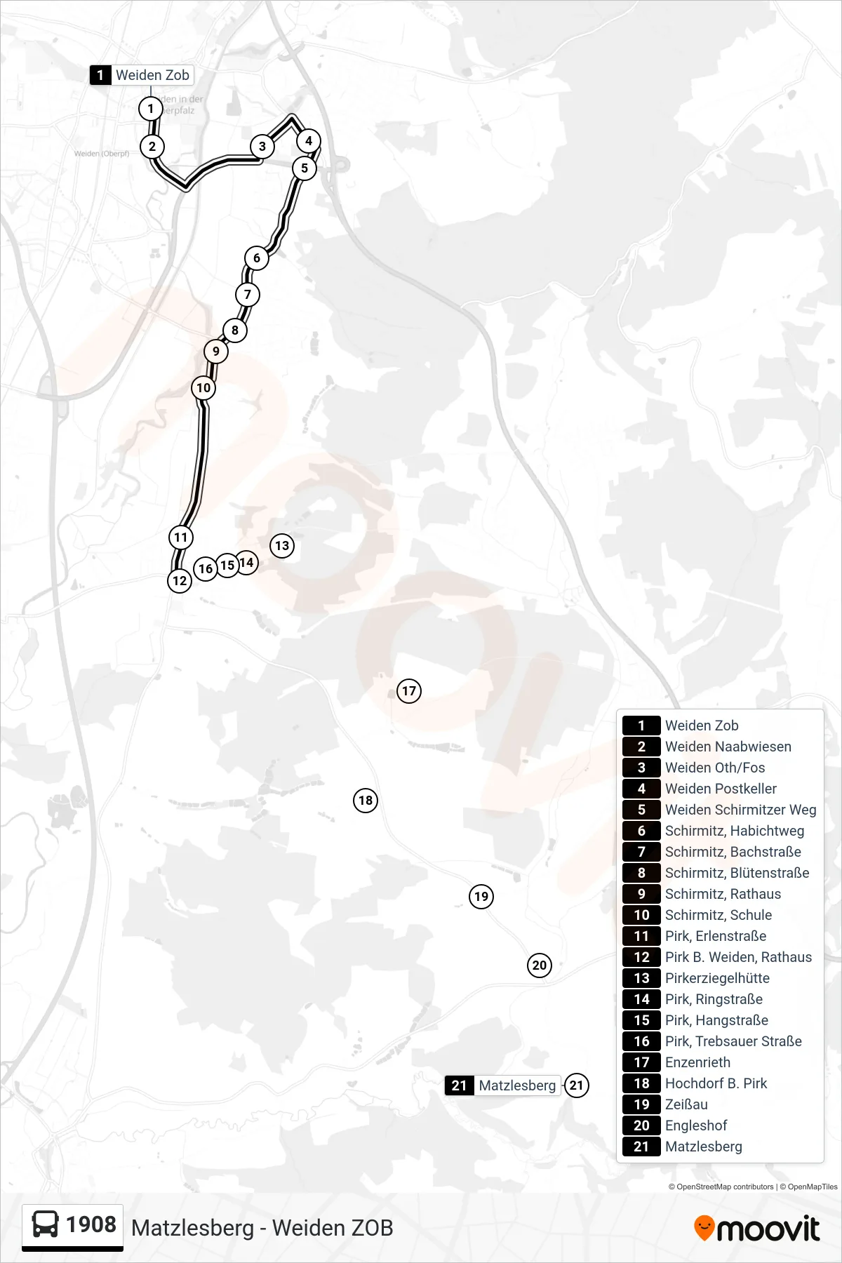 Linie 1908 (Bus) Richtung Pirk: Route und Haltestellen auf der Karte