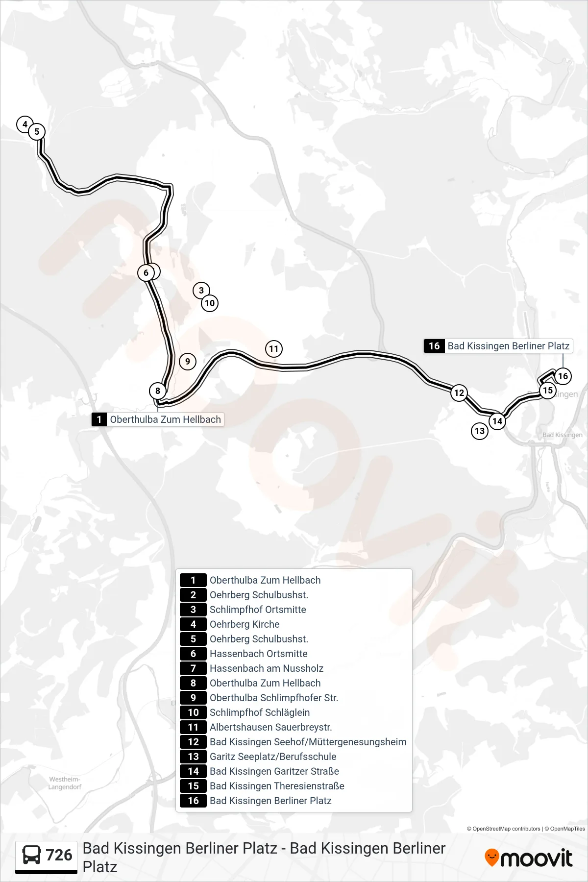 726 bus Line (Bad Kissingen) route and stops on a map