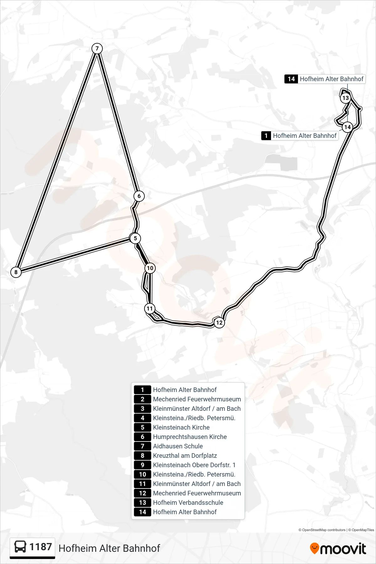 1187 bus Line (Hofheim Alter Bahnhof) route and stops on a map
