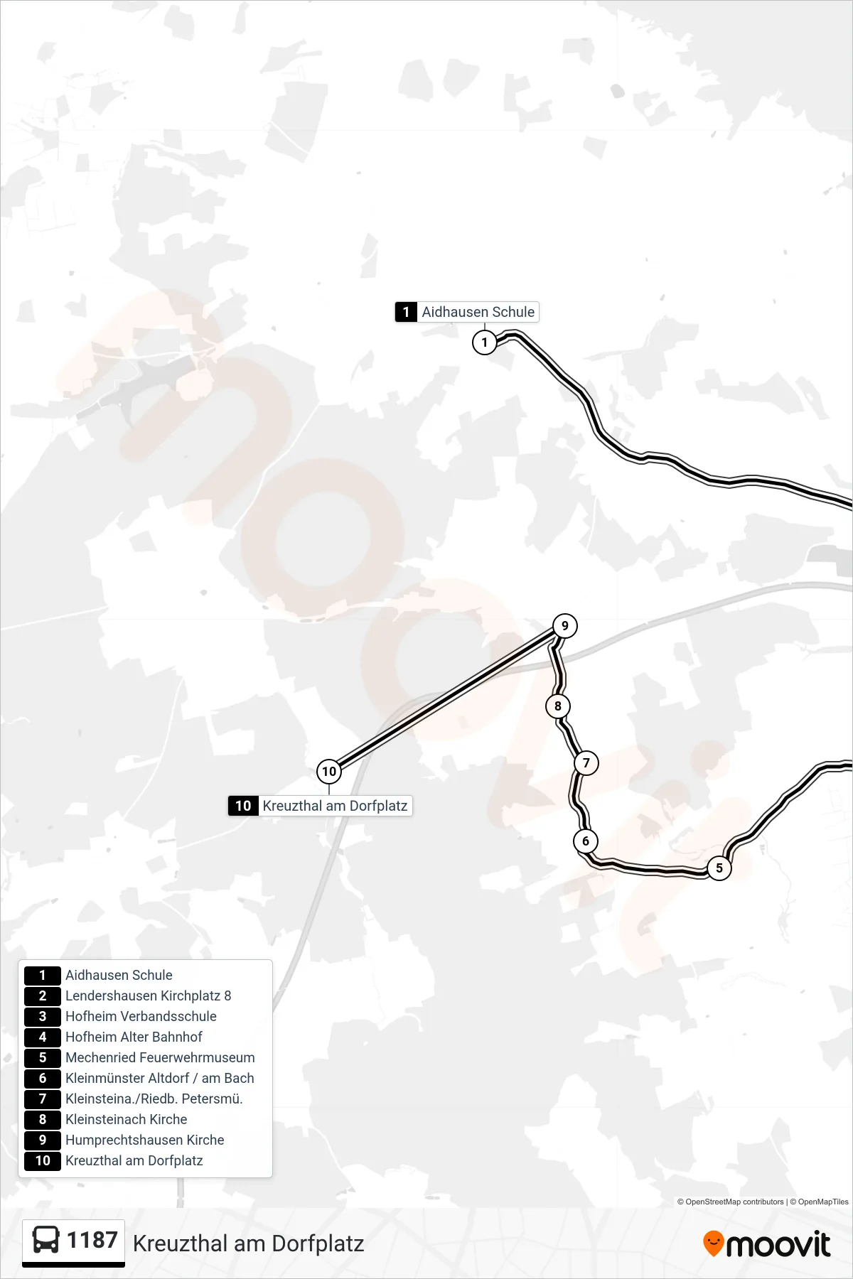 Linie 1187 (Bus) Richtung Kreuzthal am Dorfplatz: Route und Haltestellen auf der Karte