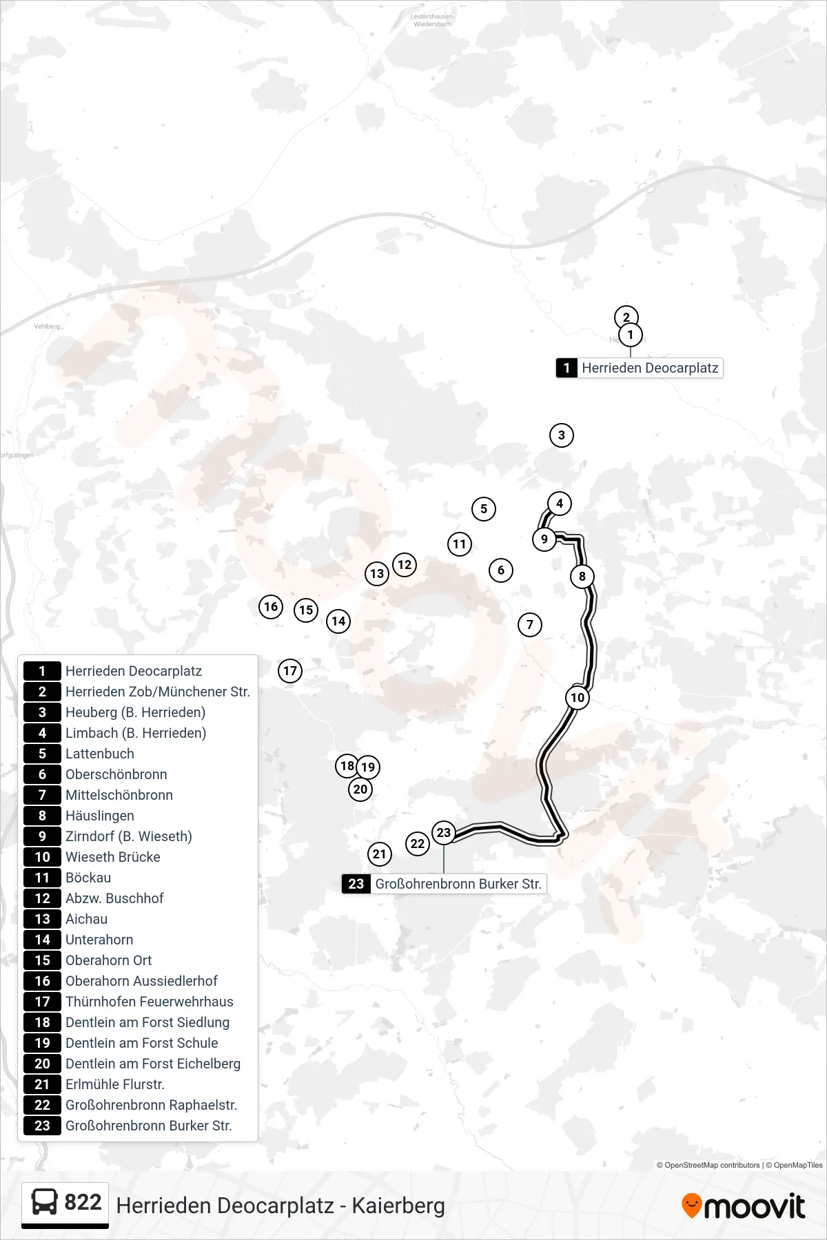 822 bus Line (Großohrenbronn Burker Str.) route and stops on a map
