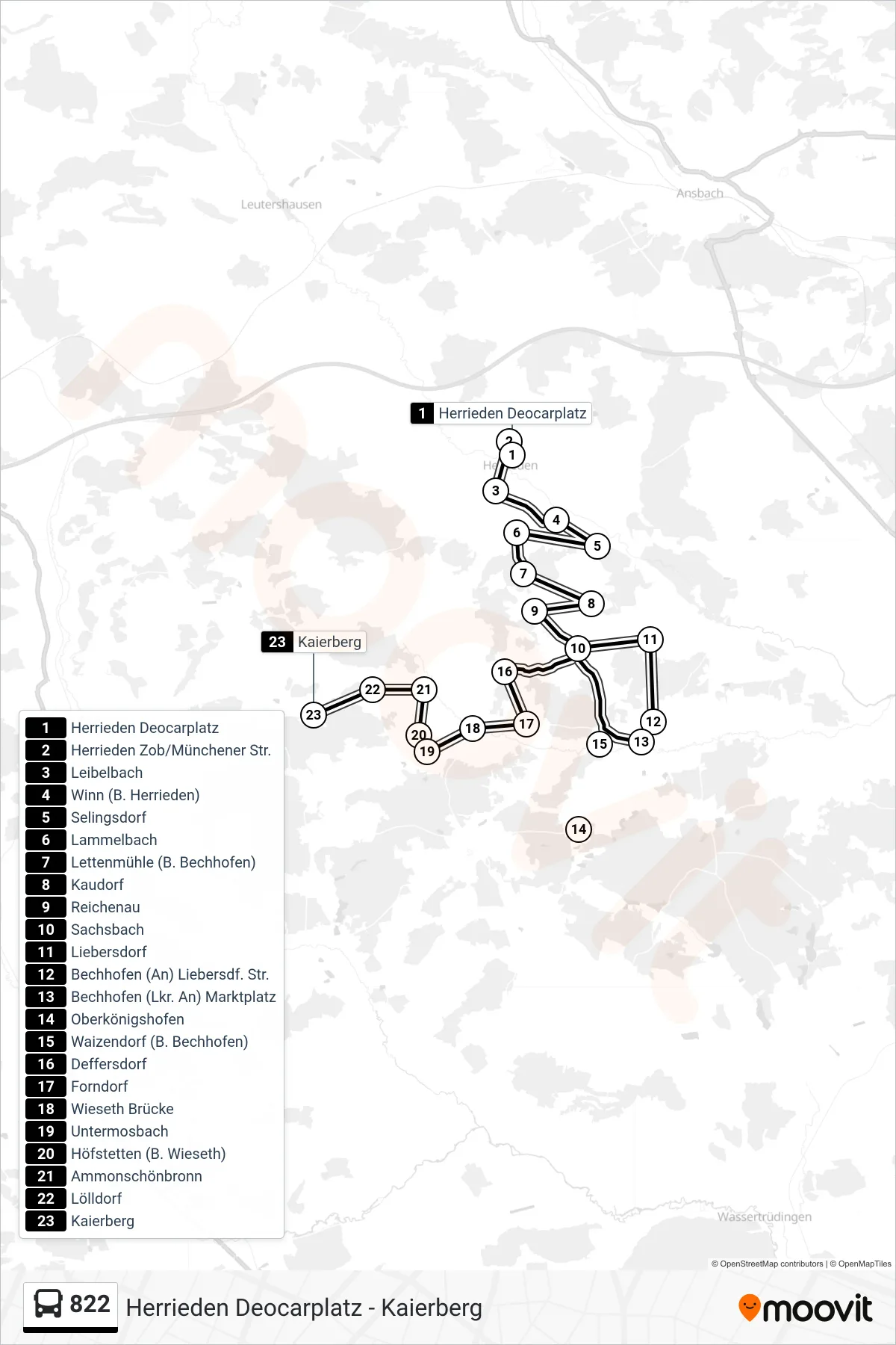 822 bus Line (Kaierberg) route and stops on a map