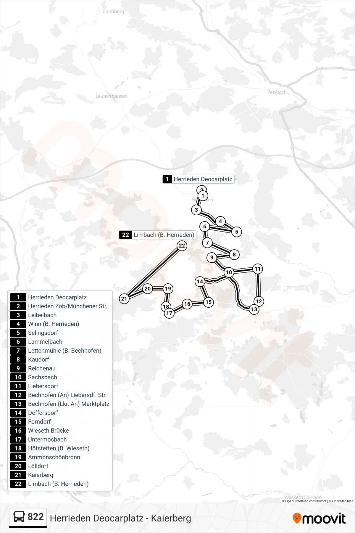 Linie 822 (Bus) Richtung Limbach (B. Herrieden): Route und Haltestellen auf der Karte