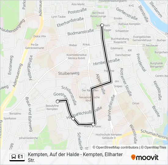 Автобус E1: карта маршрута