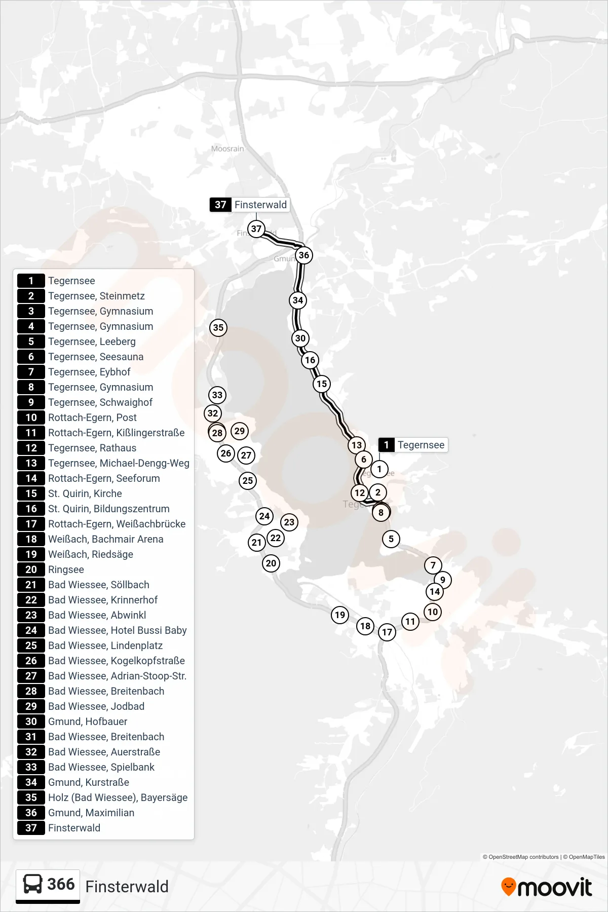 366 bus Line (Finsterwald) route and stops on a map
