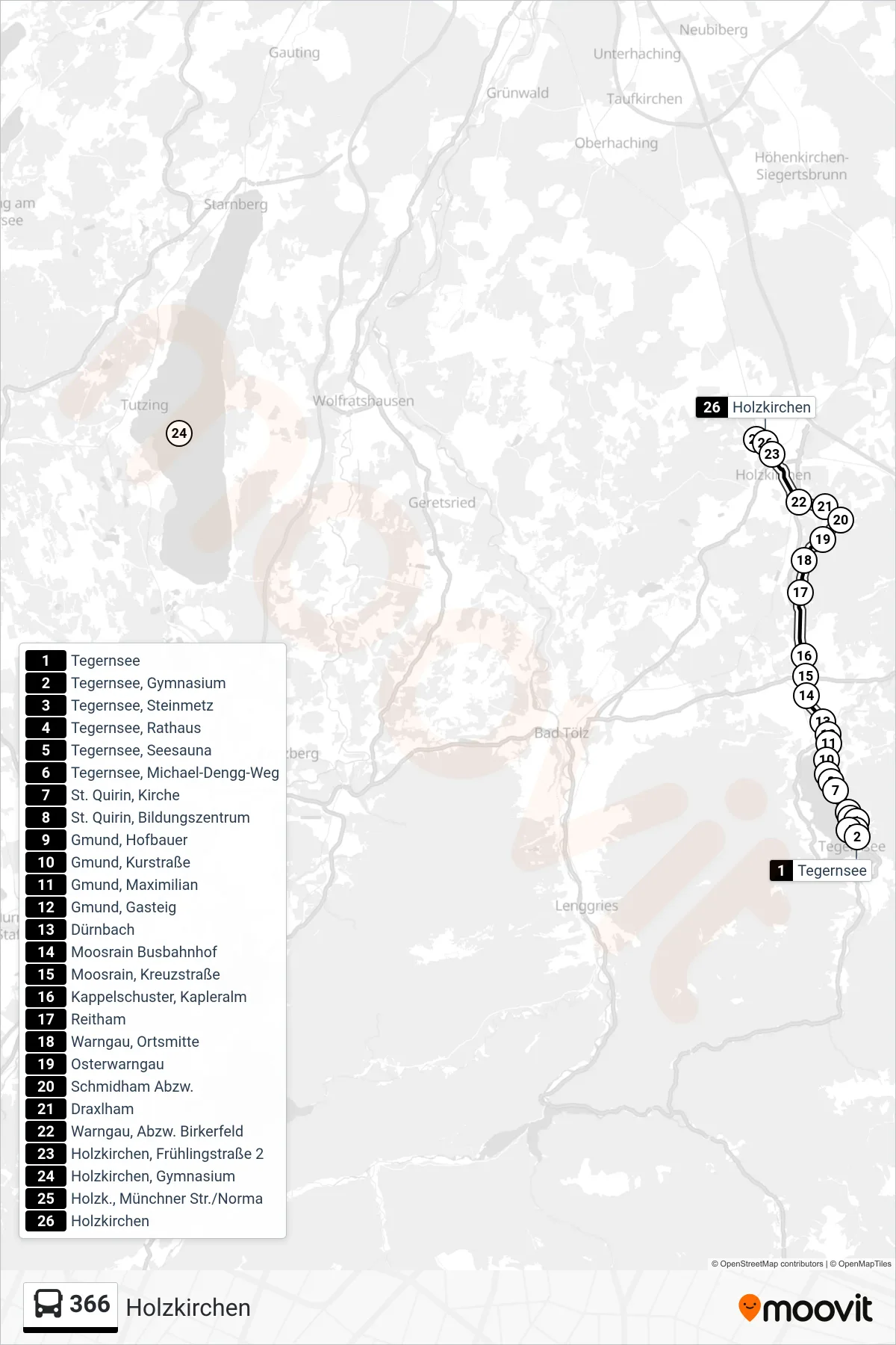 366 bus Line (Holzkirchen) route and stops on a map