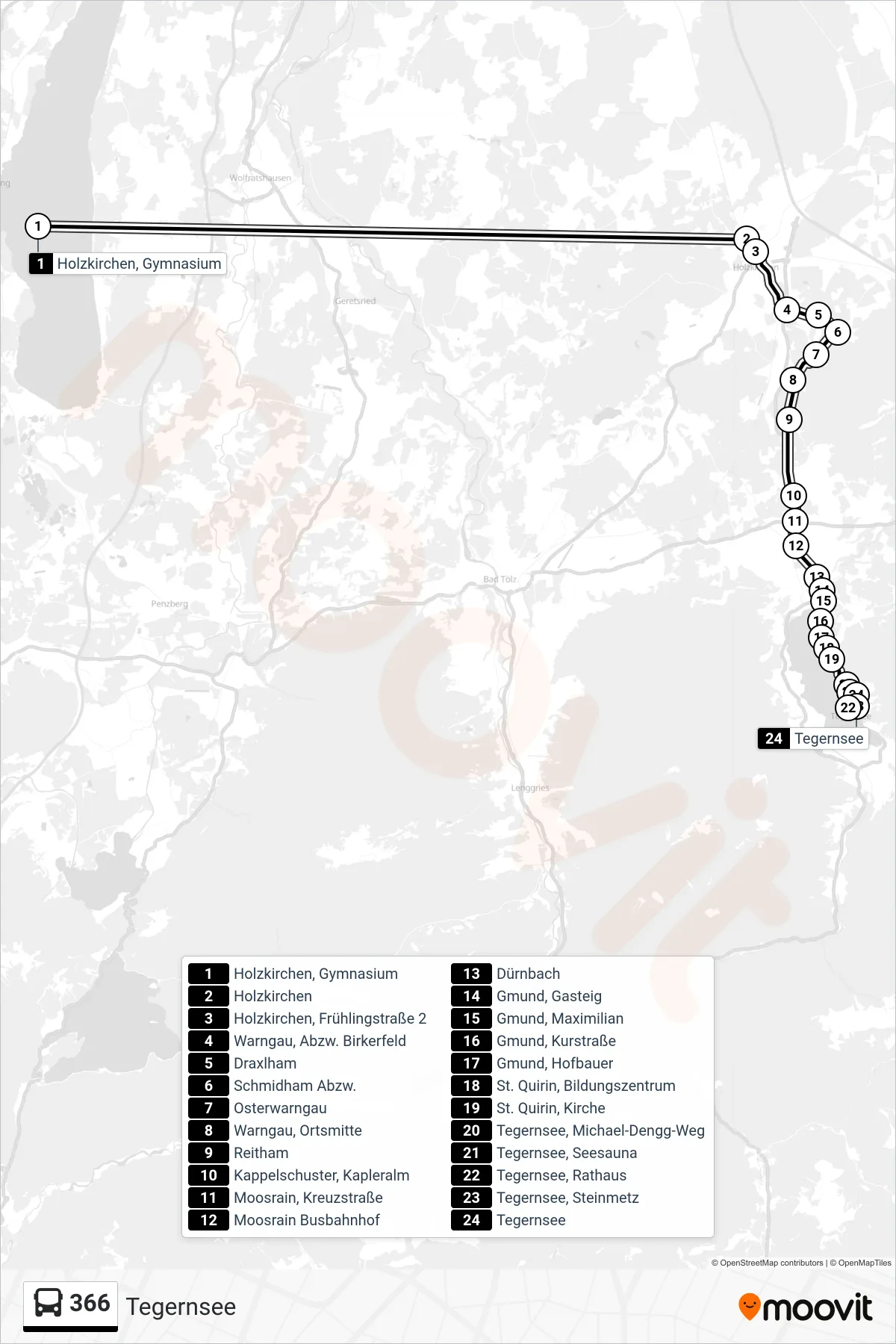 Linie 366 (Bus) Richtung Tegernsee: Route und Haltestellen auf der Karte