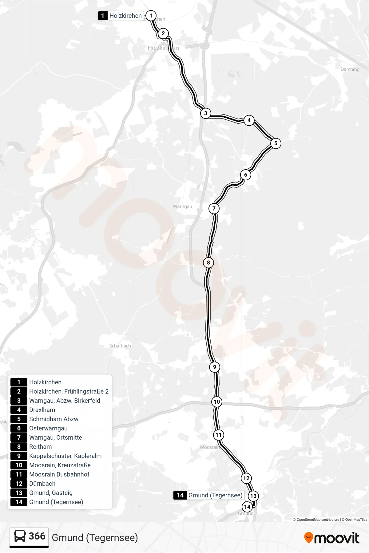 366 bus Line (Gmund (Tegernsee)) route and stops on a map