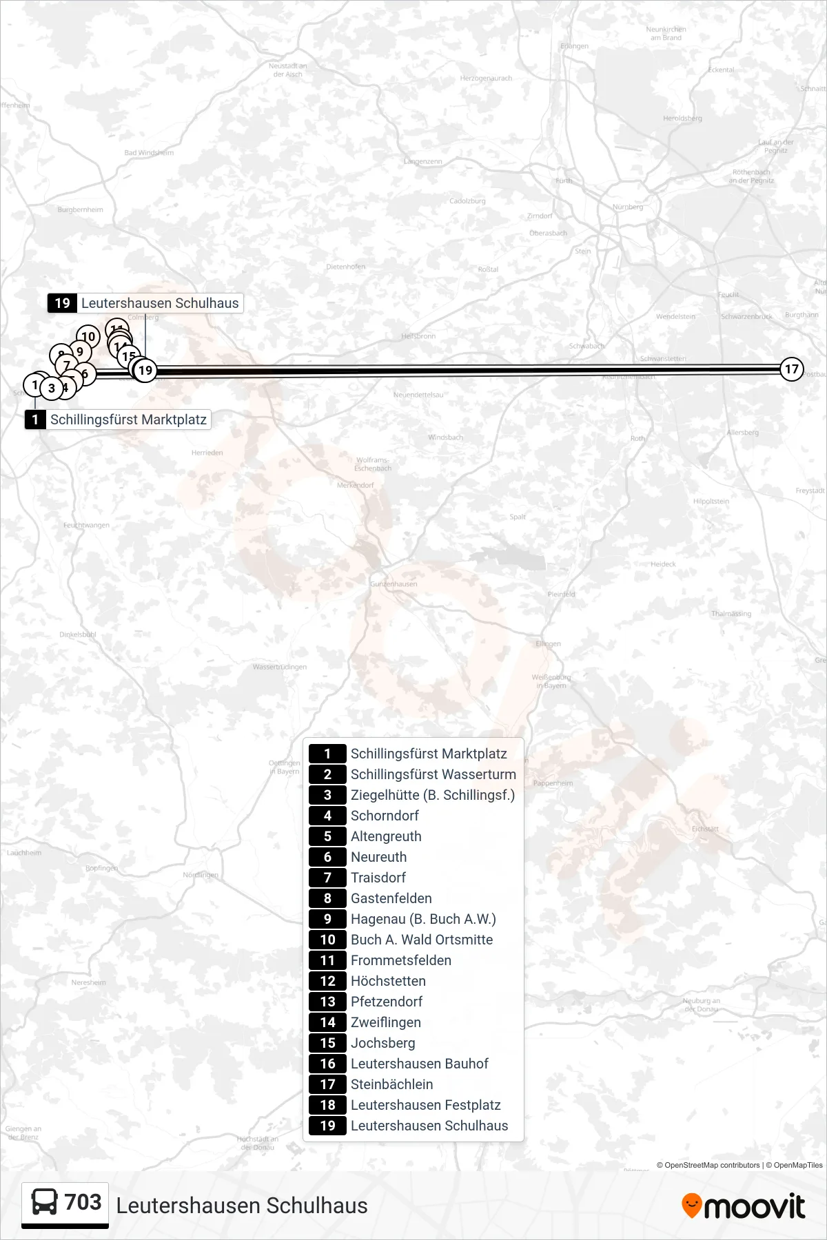 703 bus Line (Leutershausen Schulhaus) route and stops on a map