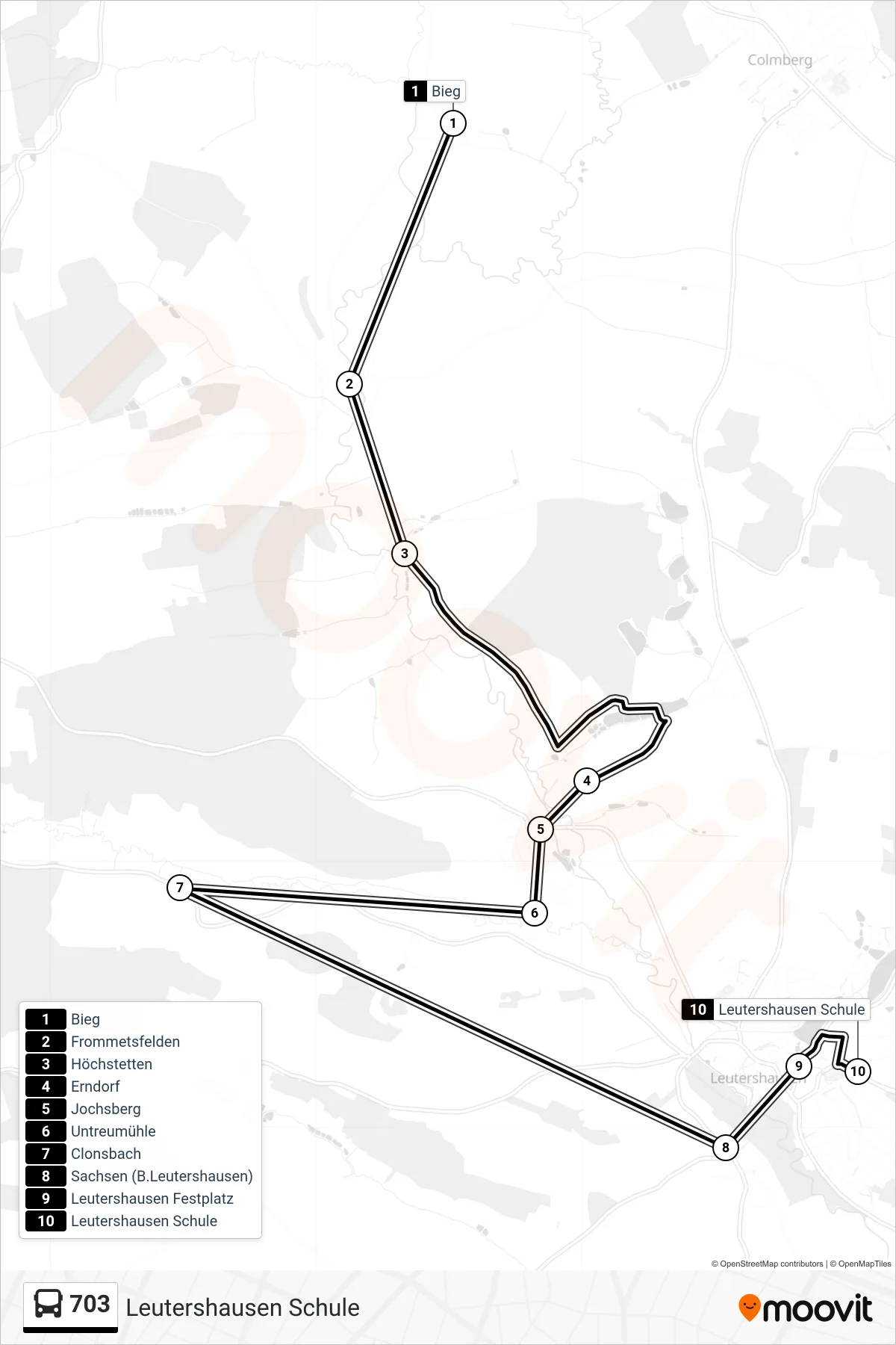 703 bus Line (Leutershausen Schule) route and stops on a map