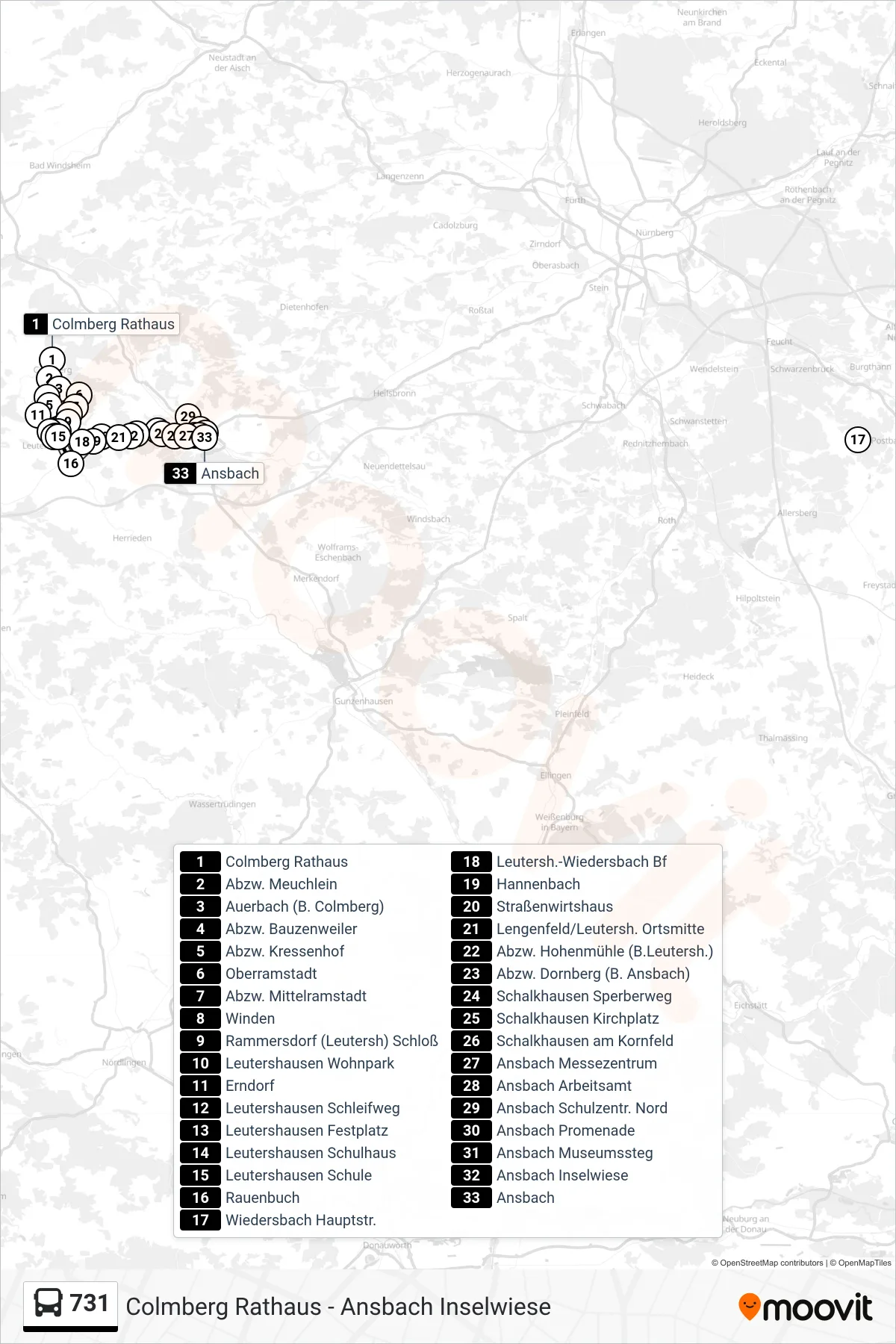 731 bus Line (Ansbach) route and stops on a map