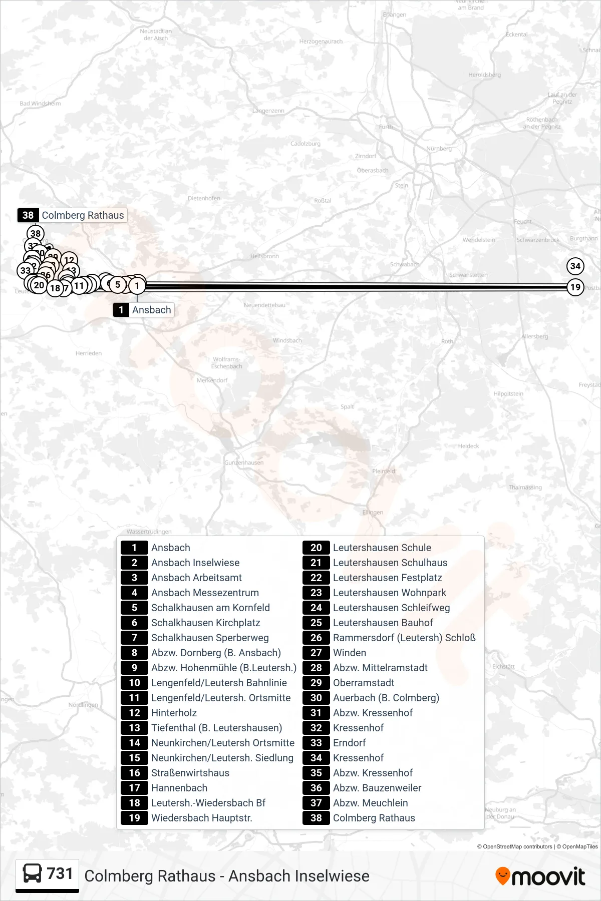 731 bus Line (Colmberg Rathaus) route and stops on a map