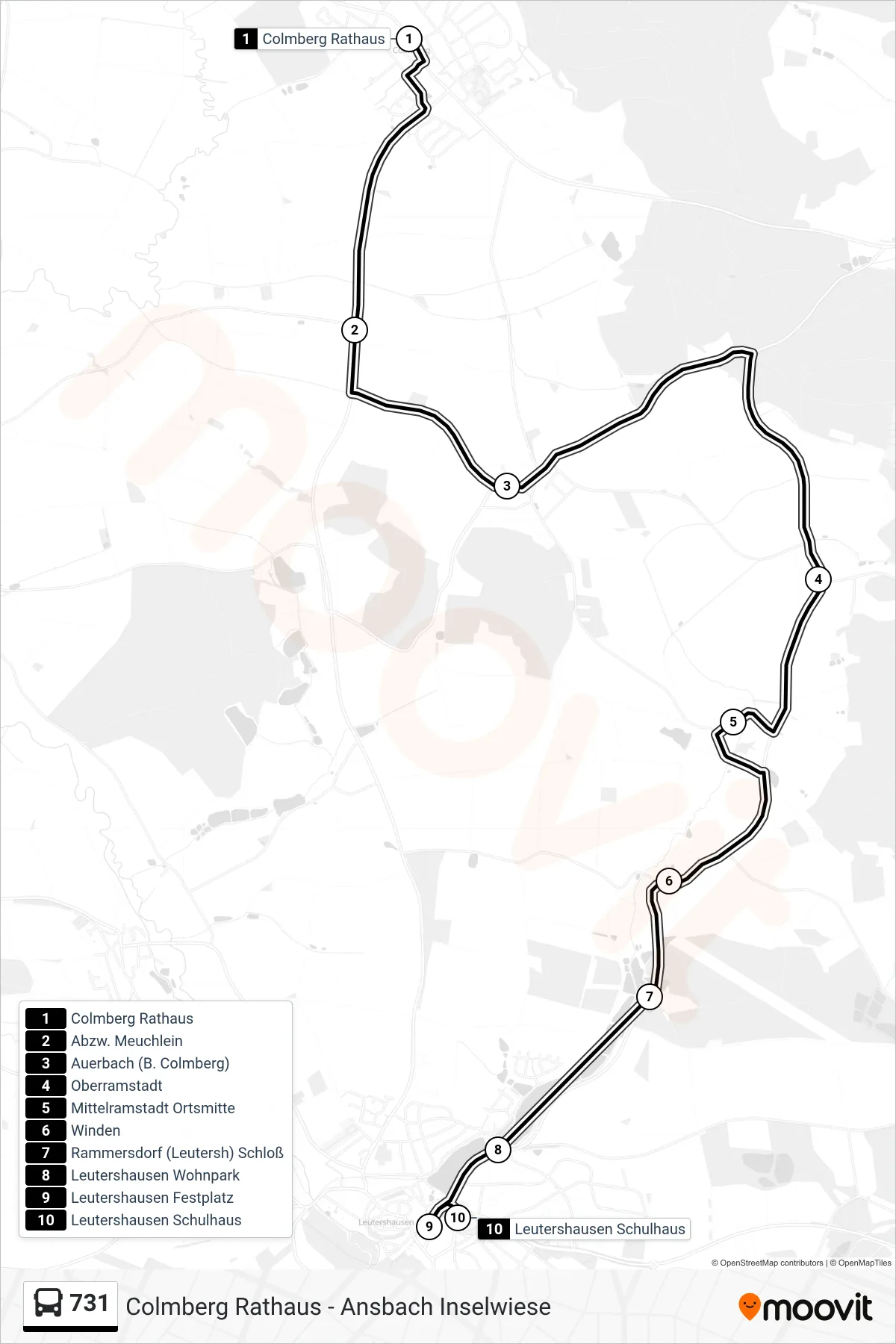 731 bus Line (Leutershausen Schulhaus) route and stops on a map