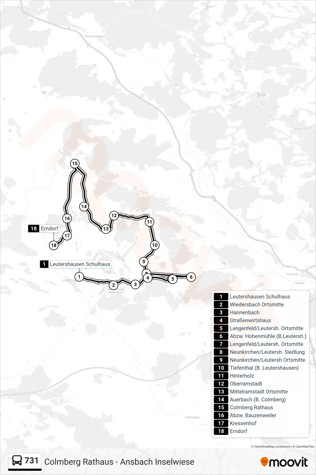 731 bus Line (Erndorf) route and stops on a map