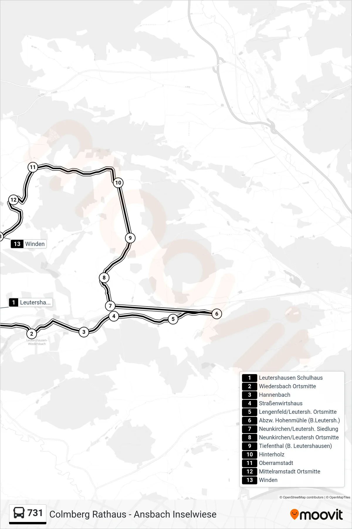 731 bus Line (Winden) route and stops on a map