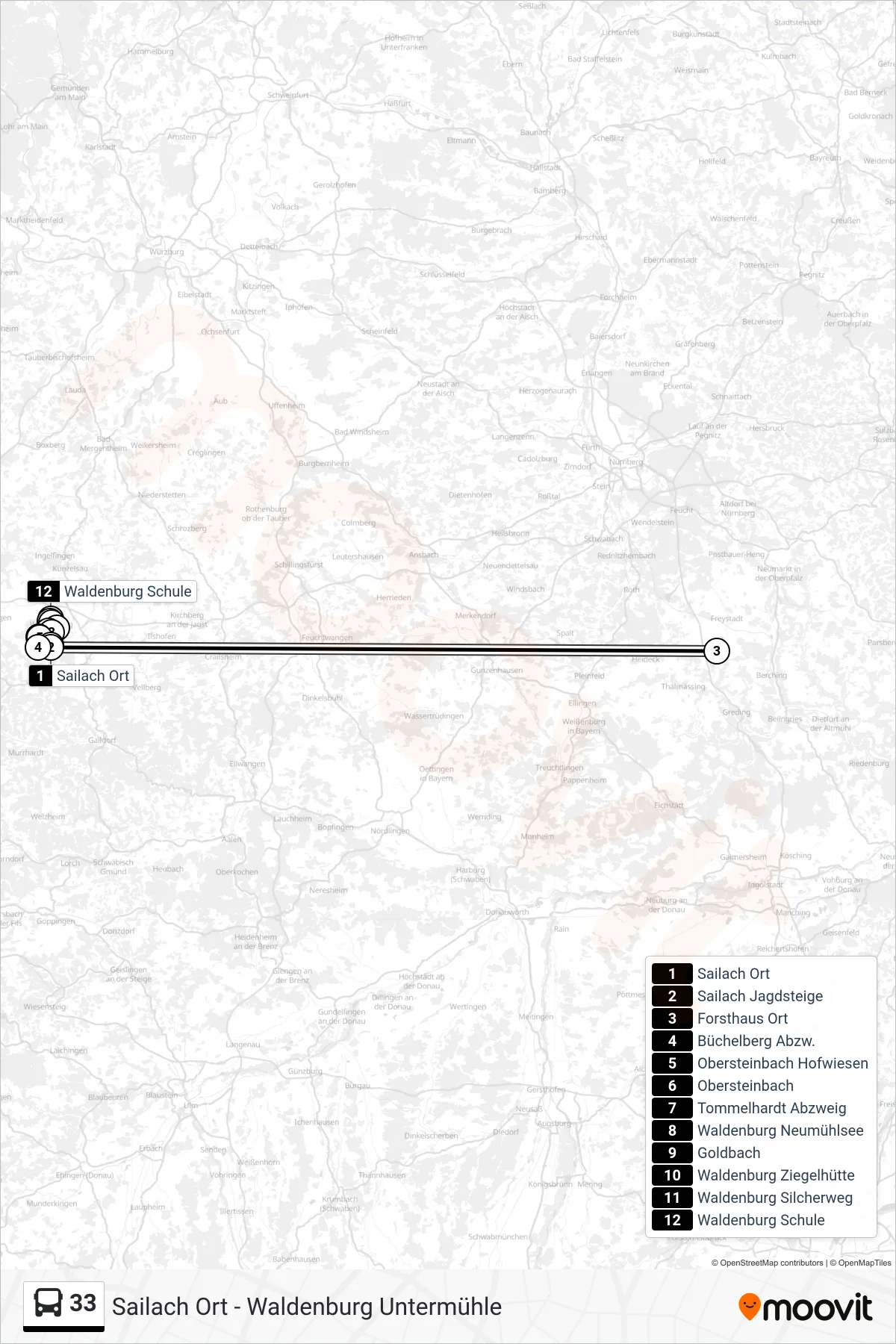 33 bus Line (Waldenburg Schule) route and stops on a map