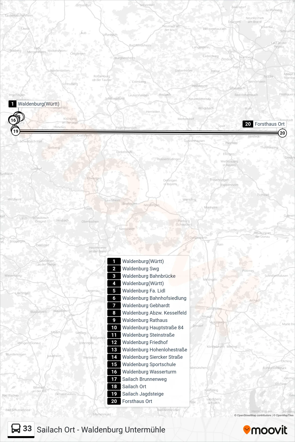 33 bus Line (Forsthaus Ort) route and stops on a map