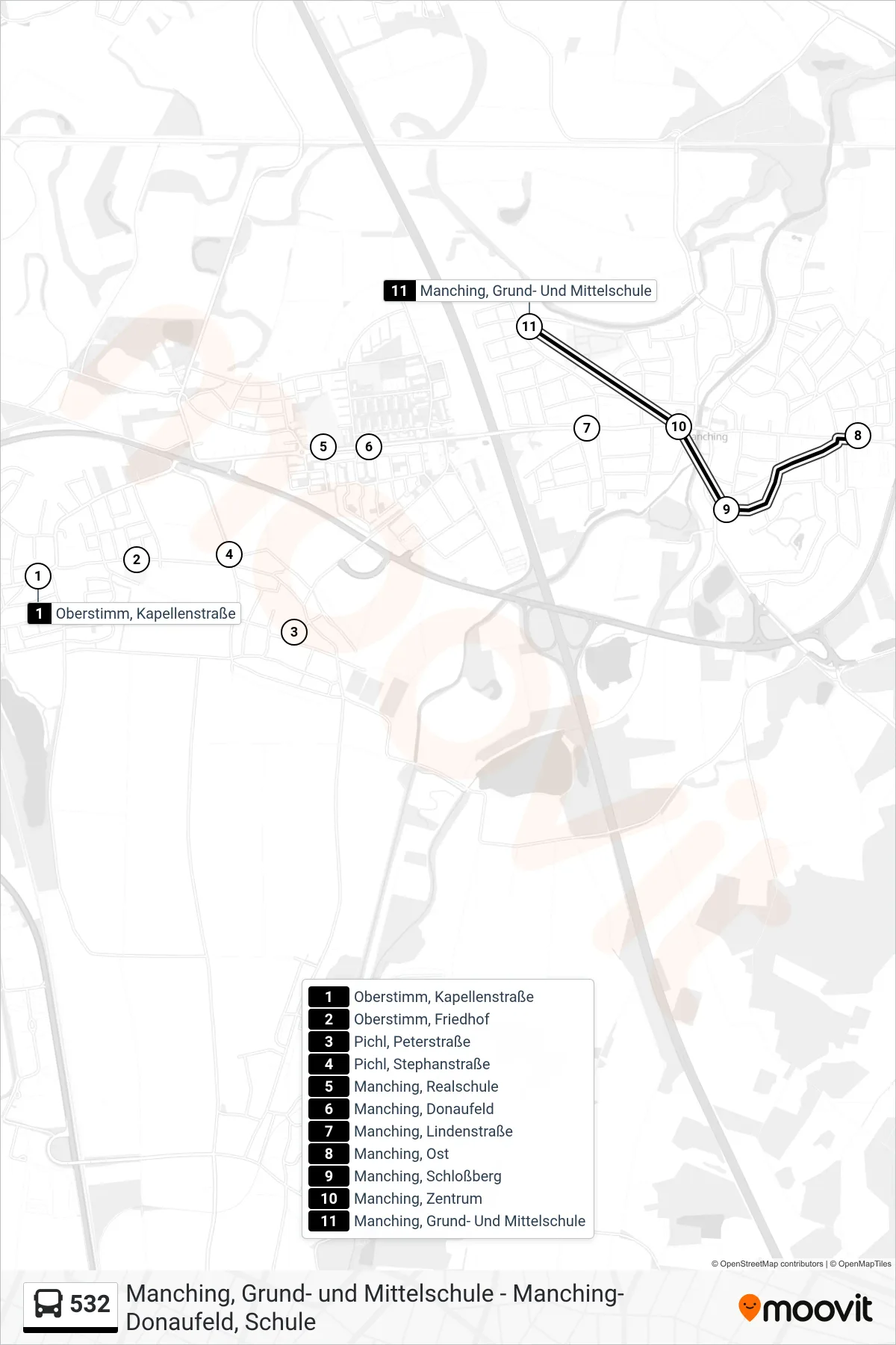 532 bus Line (Manching Schule) route and stops on a map
