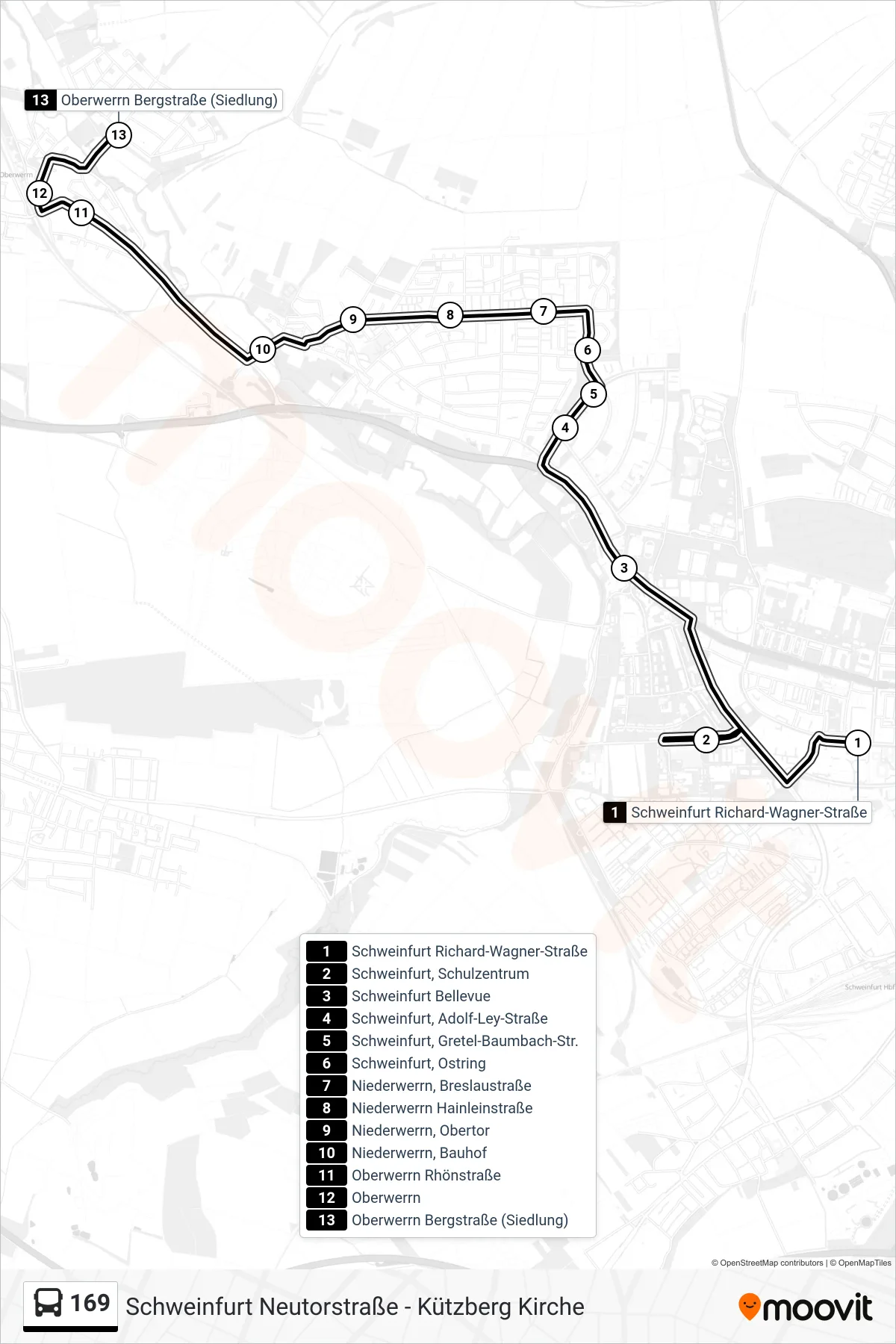 169 bus Line (Oberwerrn Bergstraße (Siedlung)) route and stops on a map