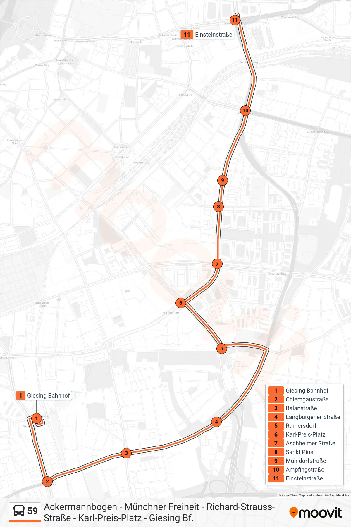 Linie 59 (Bus) Richtung Einsteinstraße: Route und Haltestellen auf der Karte