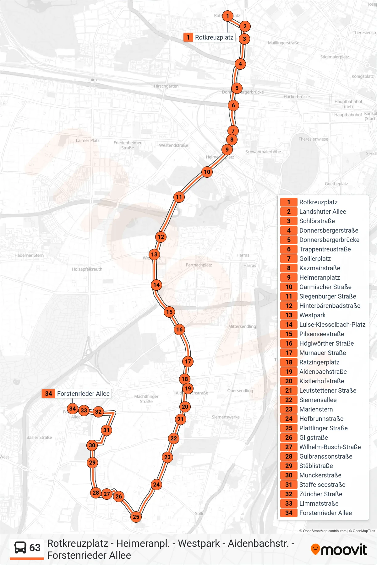 Linie 63 (Bus) Richtung Forstenrieder Allee: Route und Haltestellen auf der Karte