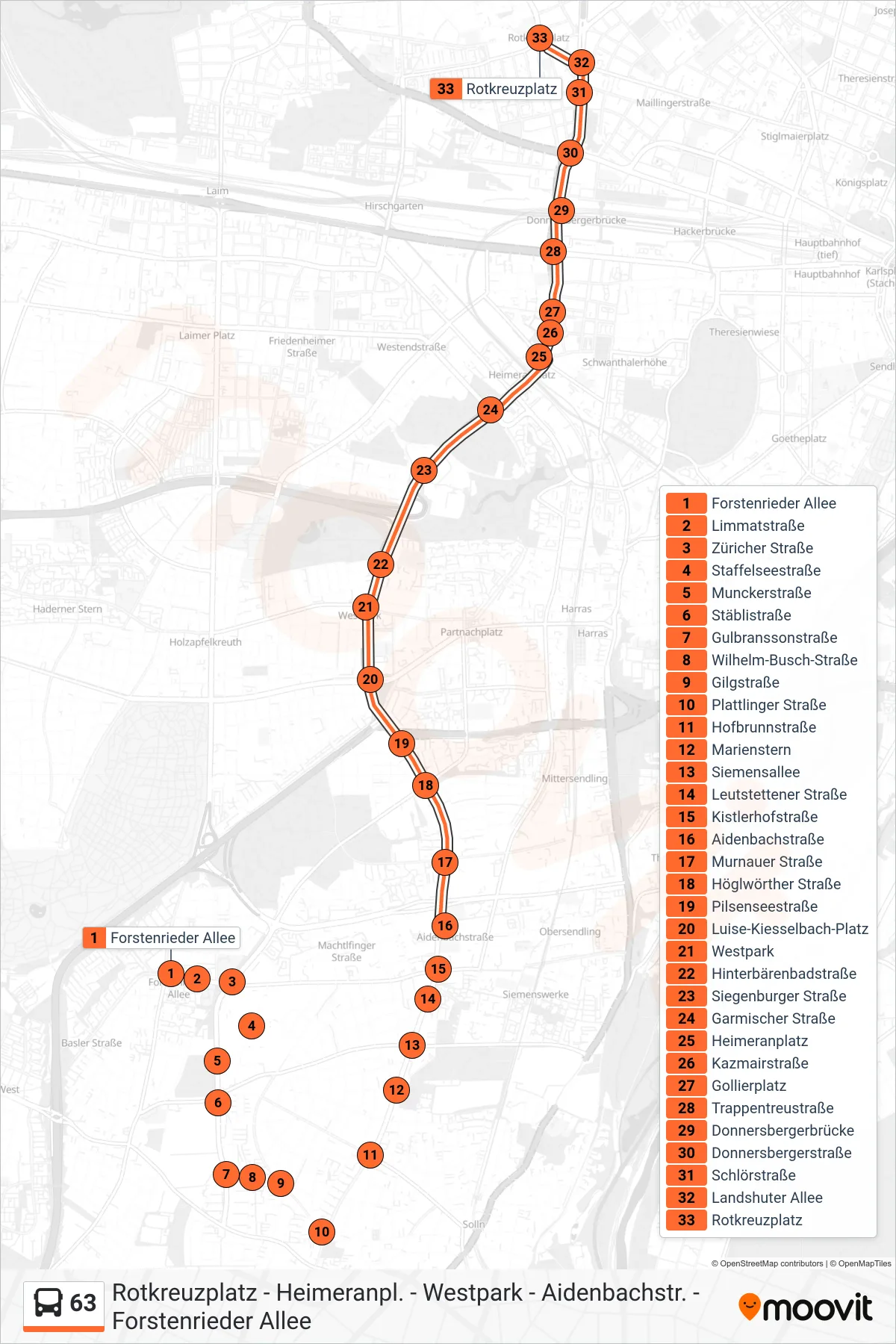 63 bus Line (Rotkreuzplatz) route and stops on a map
