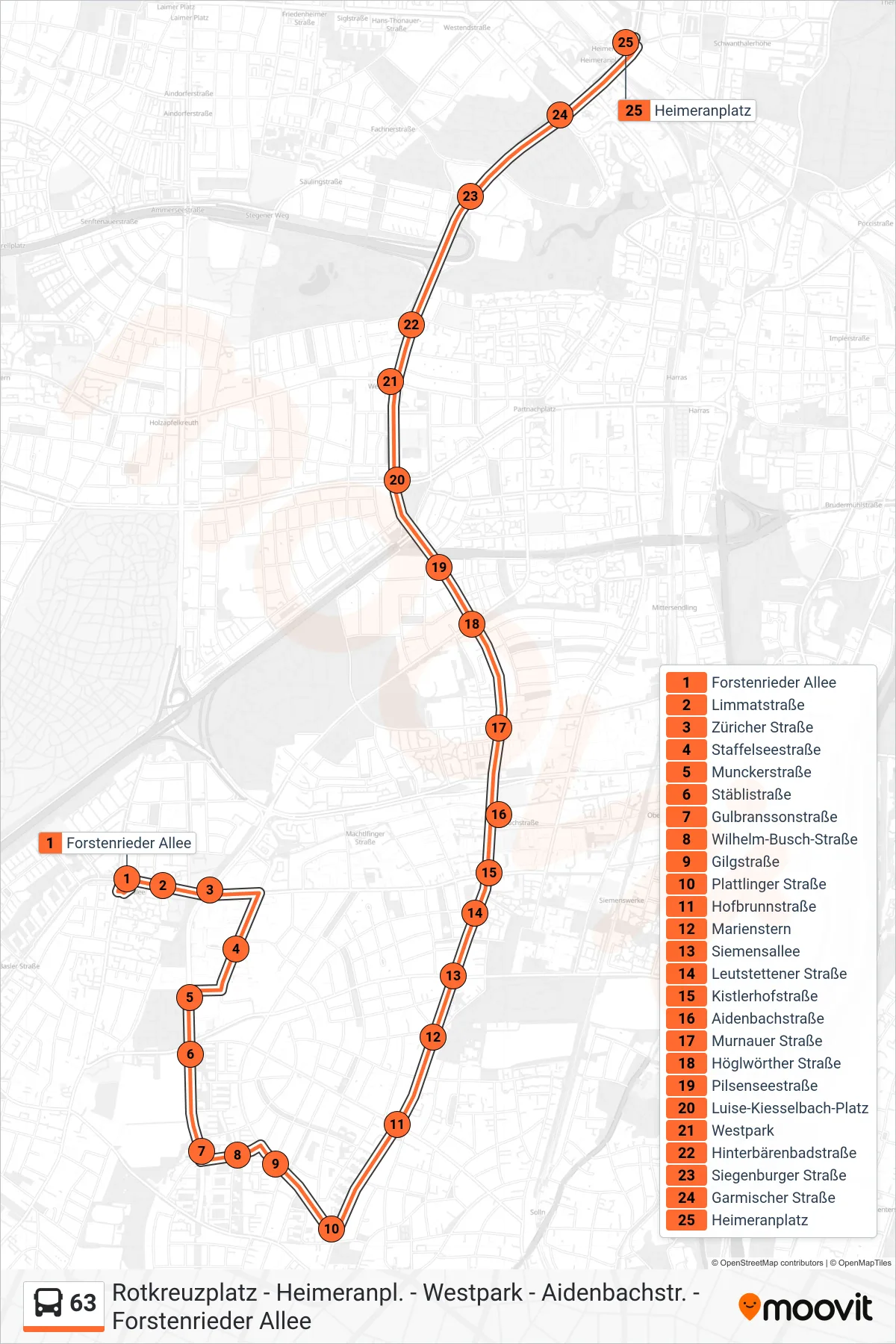 63 bus Line (Heimeranplatz) route and stops on a map