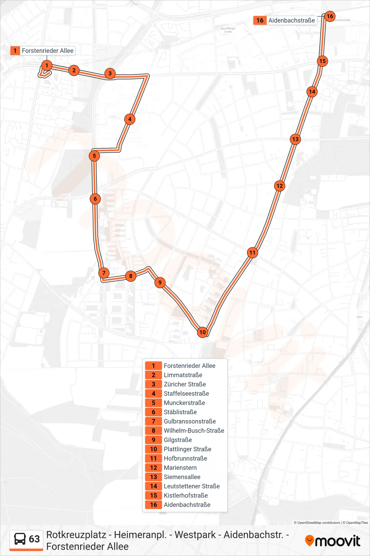 63 bus Line (Aidenbachstraße) route and stops on a map