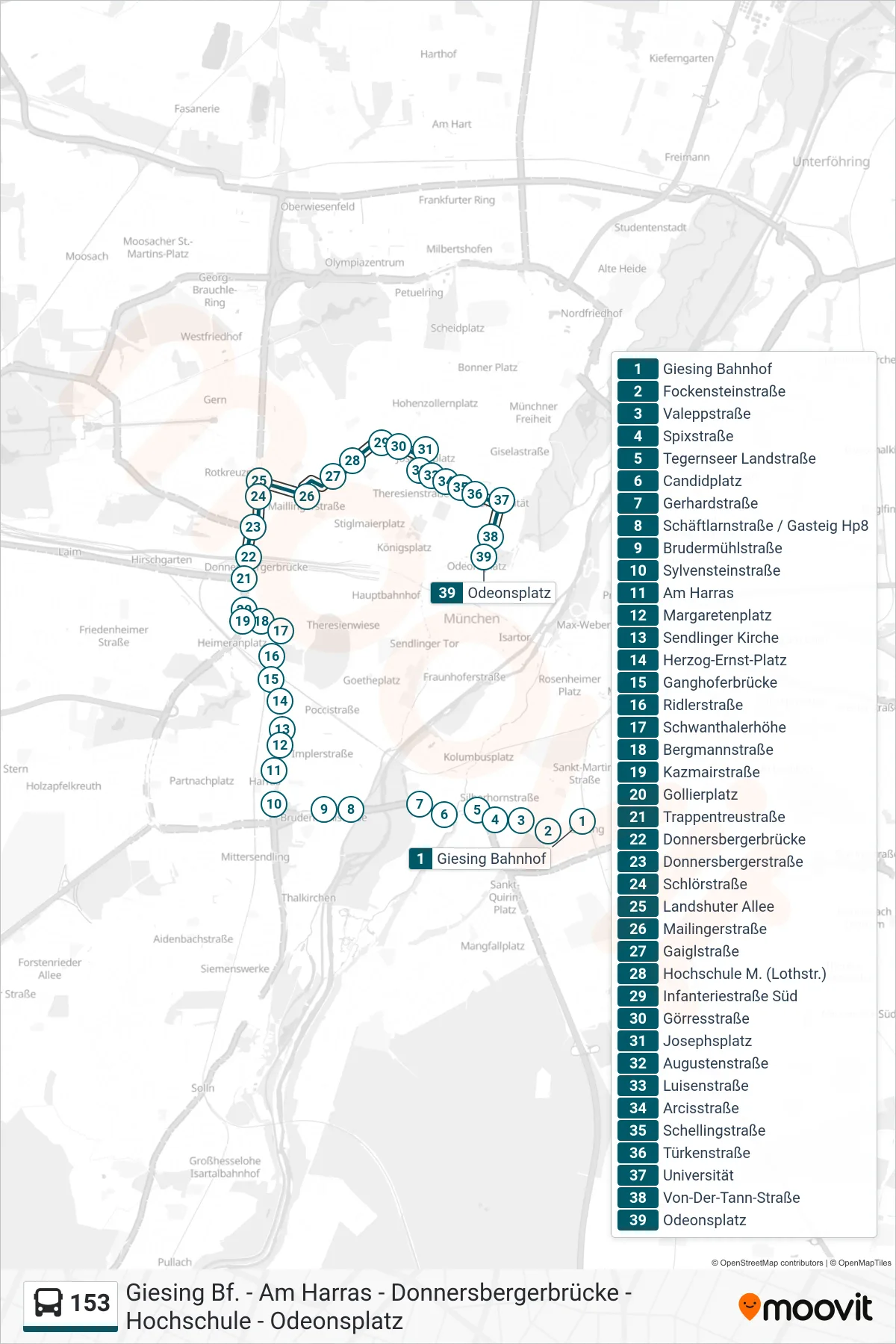 153 bus Line (Odeonsplatz) route and stops on a map
