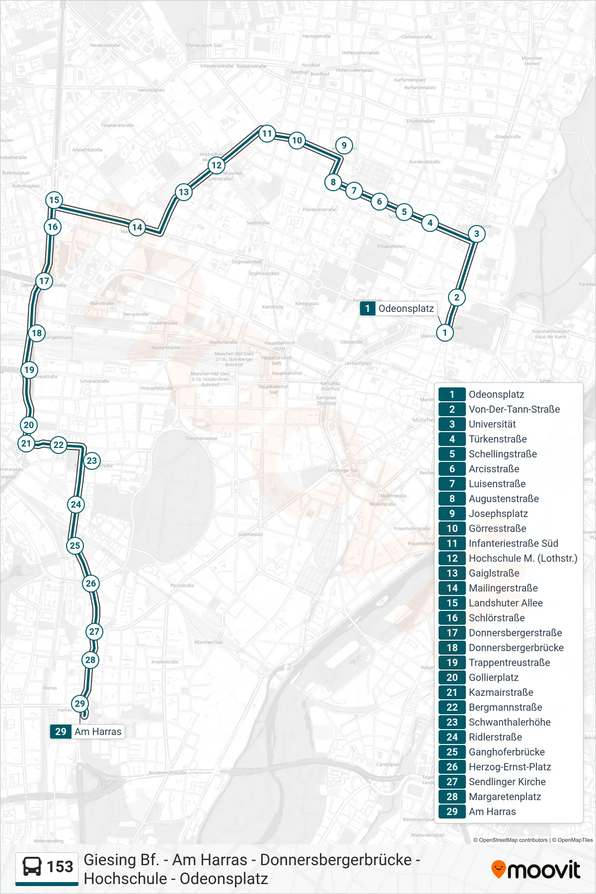 153 bus Line (Am Harras) route and stops on a map