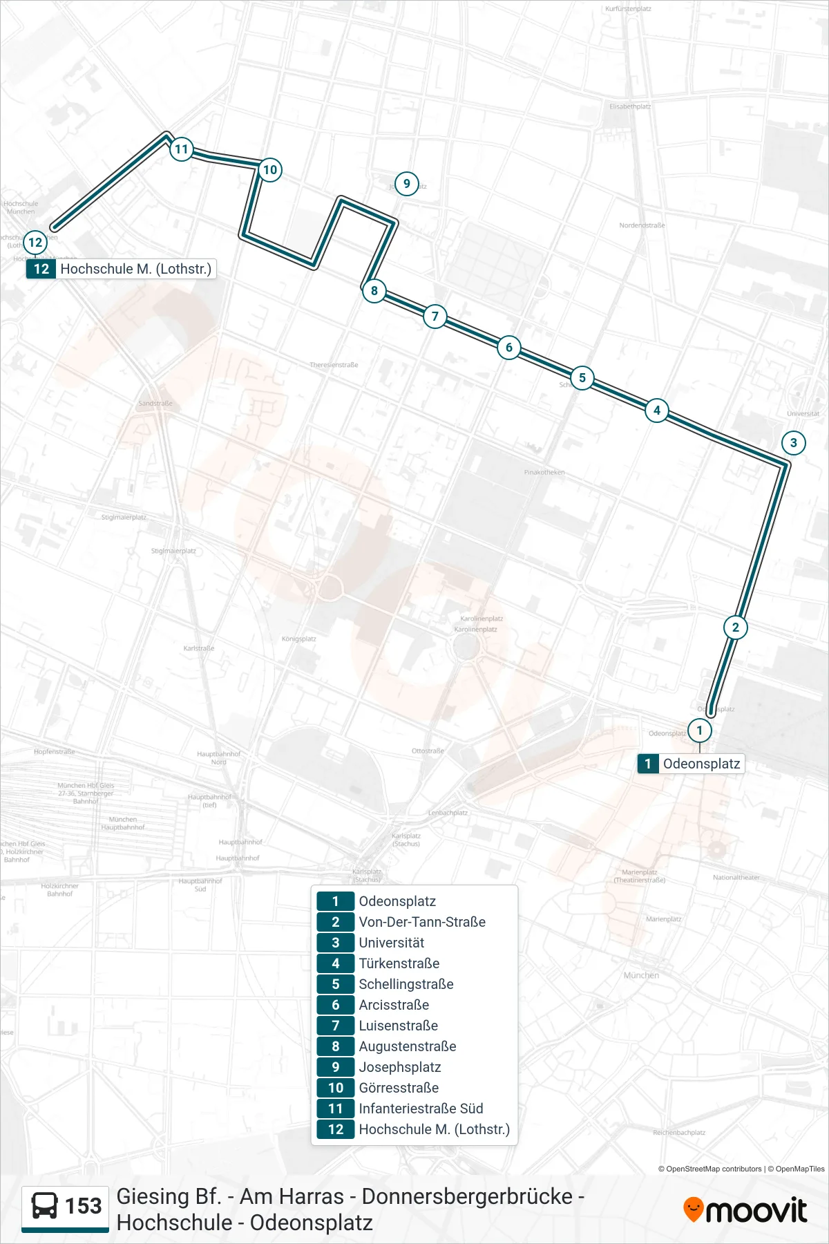 153 bus Line (Hochschule München (Lothstr.)) route and stops on a map