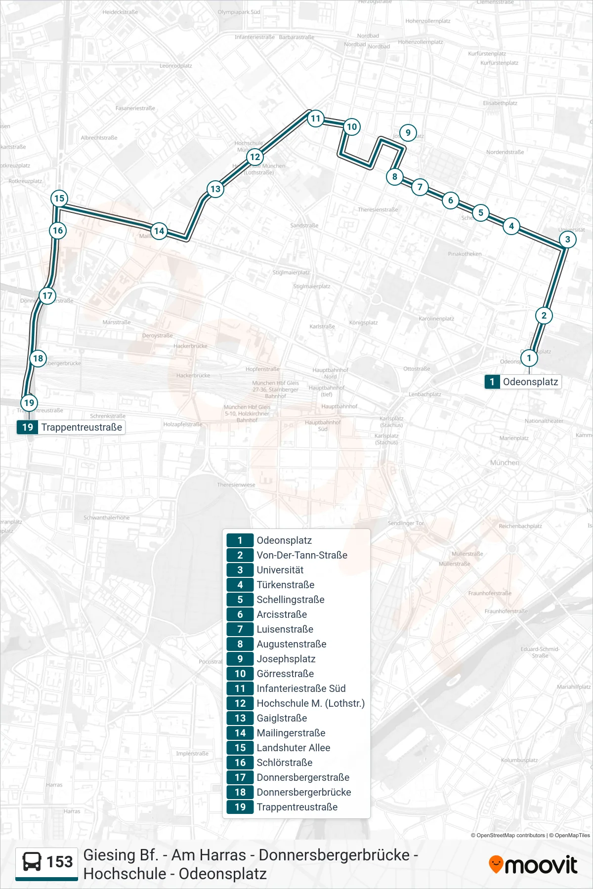 153 bus Line (Trappentreustraße) route and stops on a map