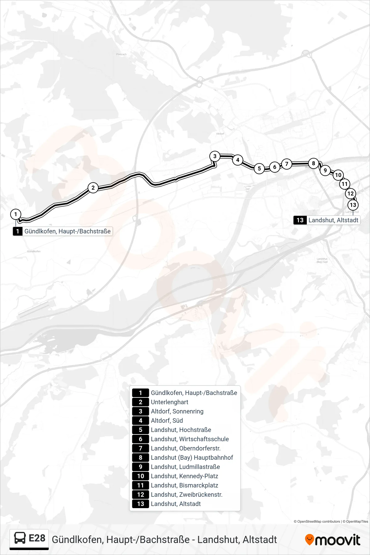 Linie E28 (Bus) Richtung Landshut, Altstadt: Route und Haltestellen auf der Karte