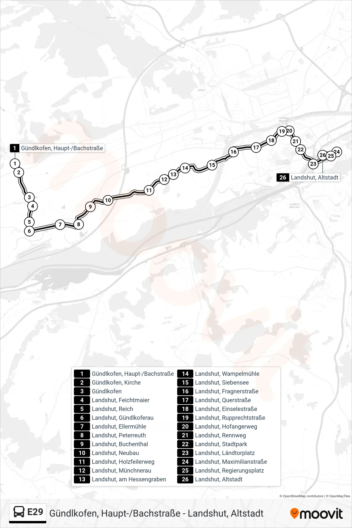 Linie E29 (Bus) Richtung Landshut, Altstadt: Route und Haltestellen auf der Karte