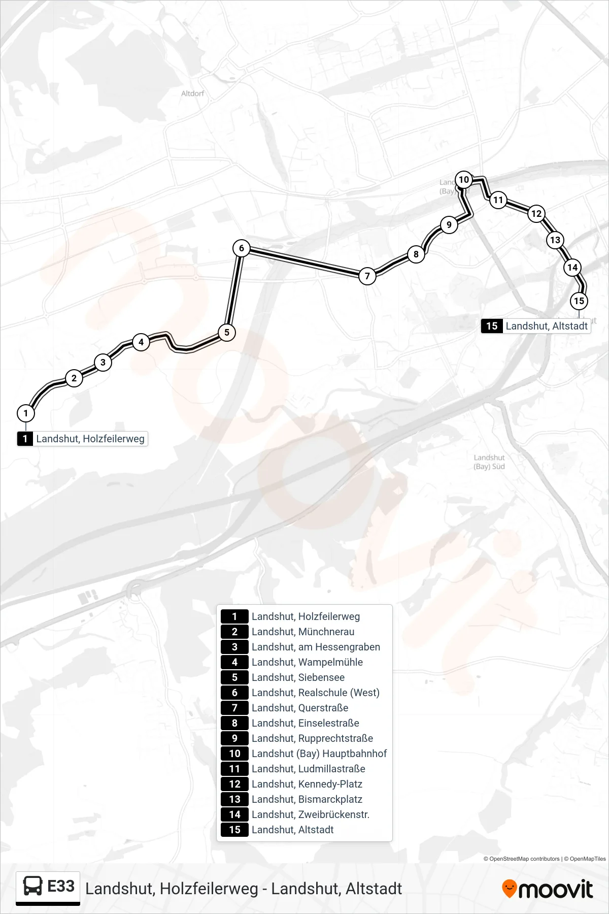 Linie E33 (Bus) Richtung Altstadt: Route und Haltestellen auf der Karte